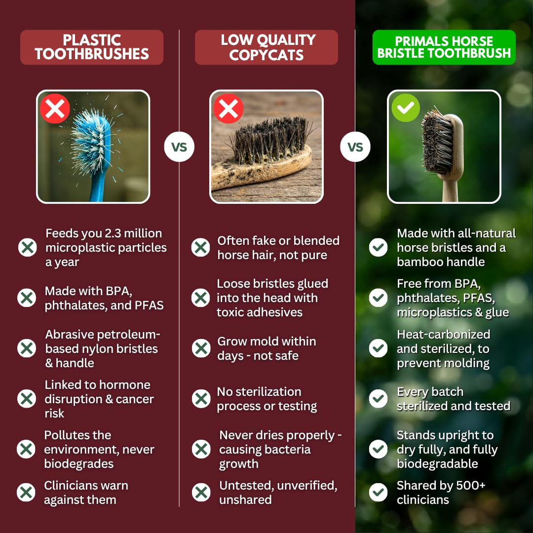PRIMALS horse bristle bamboo toothbrush 4-pack showing eco-friendly bamboo handles and natural horse bristle heads.