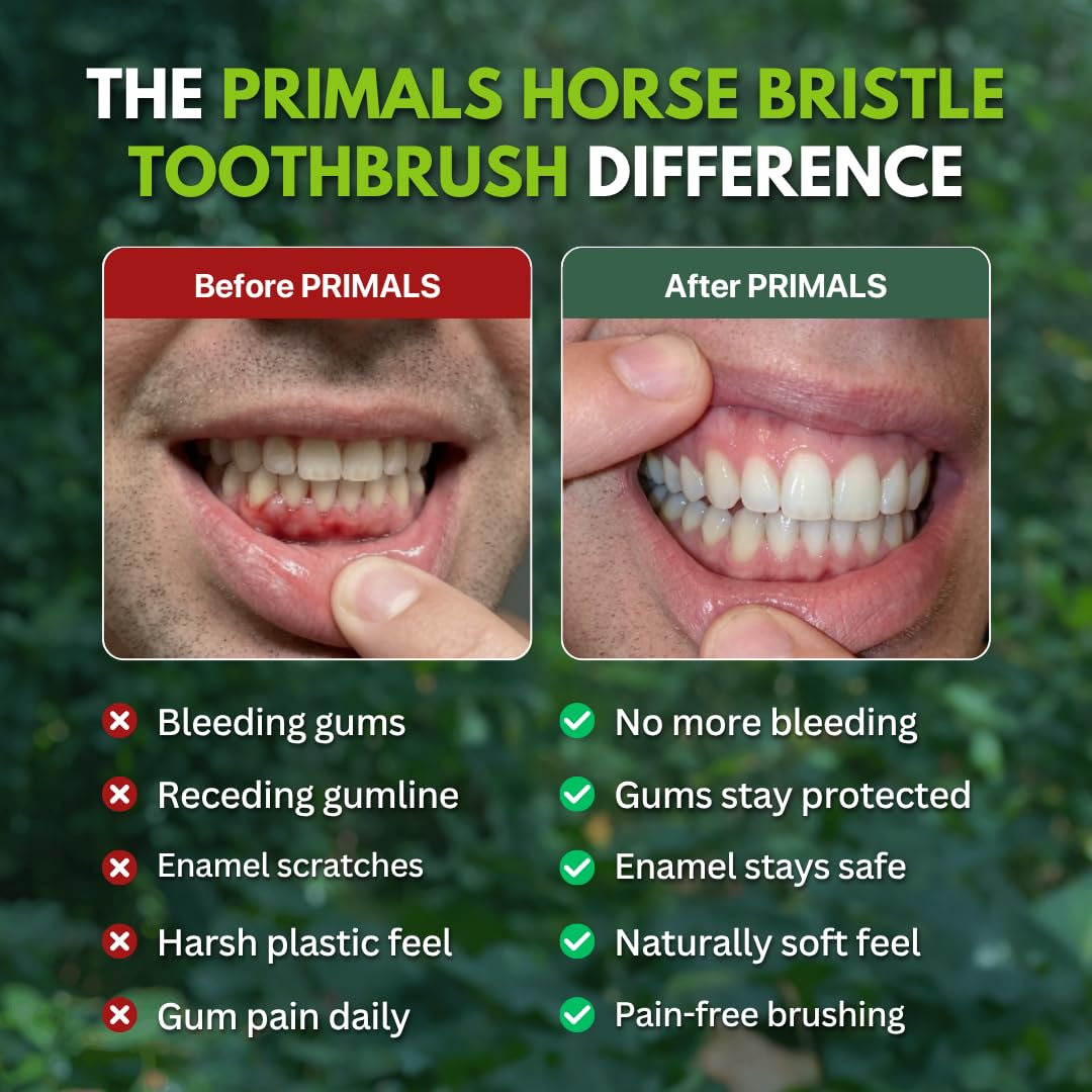 PRIMALS horse bristle bamboo toothbrush 4-pack showing eco-friendly toothbrushes with natural bamboo handles and horse-shaped bristle heads.
