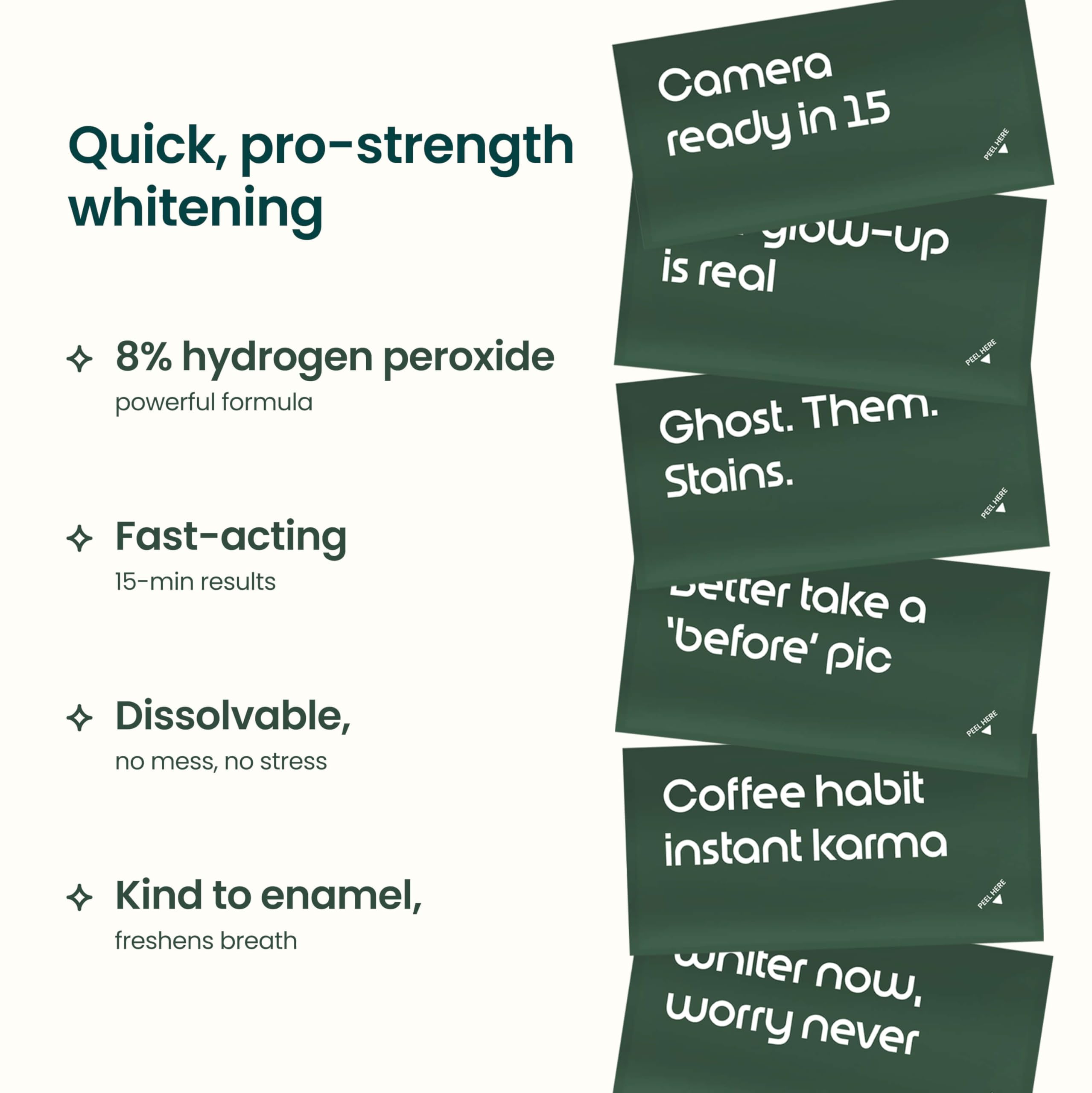Quip dissolvable whitening strips for teeth, 20 treatments, showing the packaging and application strips.