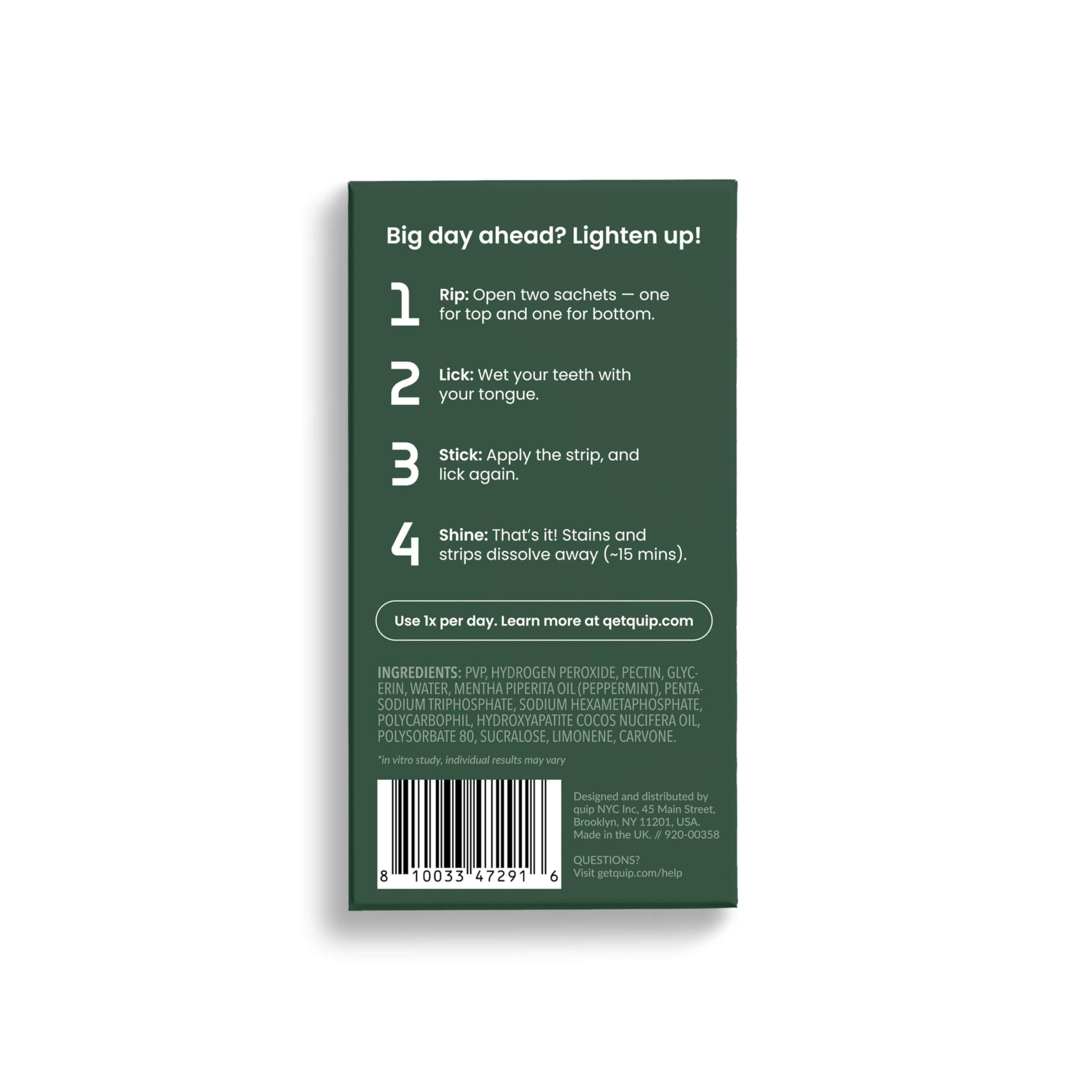 Quip dissolvable whitening strips for teeth, 20 treatments, featuring clear packaging and whitening strips inside.