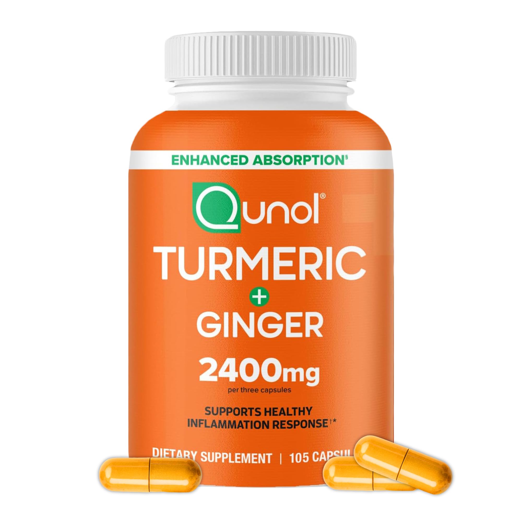 Qunol Turmeric Curcumin supplement with black pepper and ginger, 105 count, dietary nutritional supplement bottle.