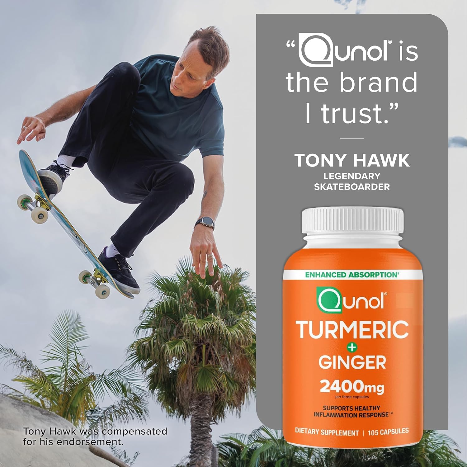 Qunol Turmeric Curcumin nutritional supplement with black pepper and ginger, 105 capsules, dietary health support.