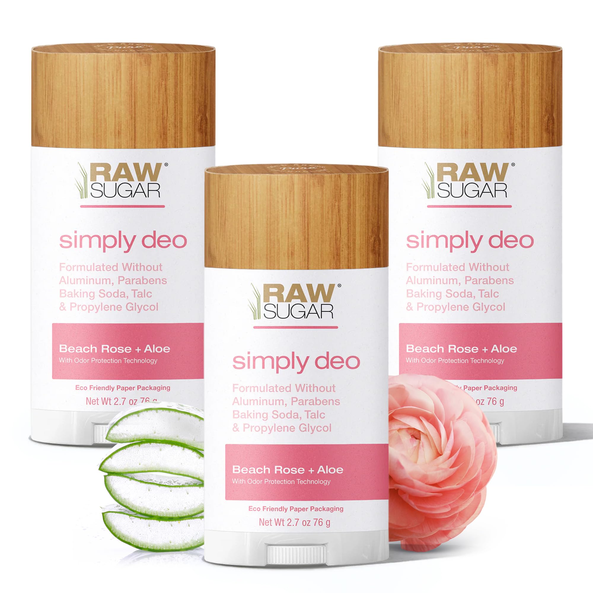 Raw Sugar aluminum-free Beach Rose deodorant 3-pack, natural body deodorant with floral scent, in sleek stick containers.
