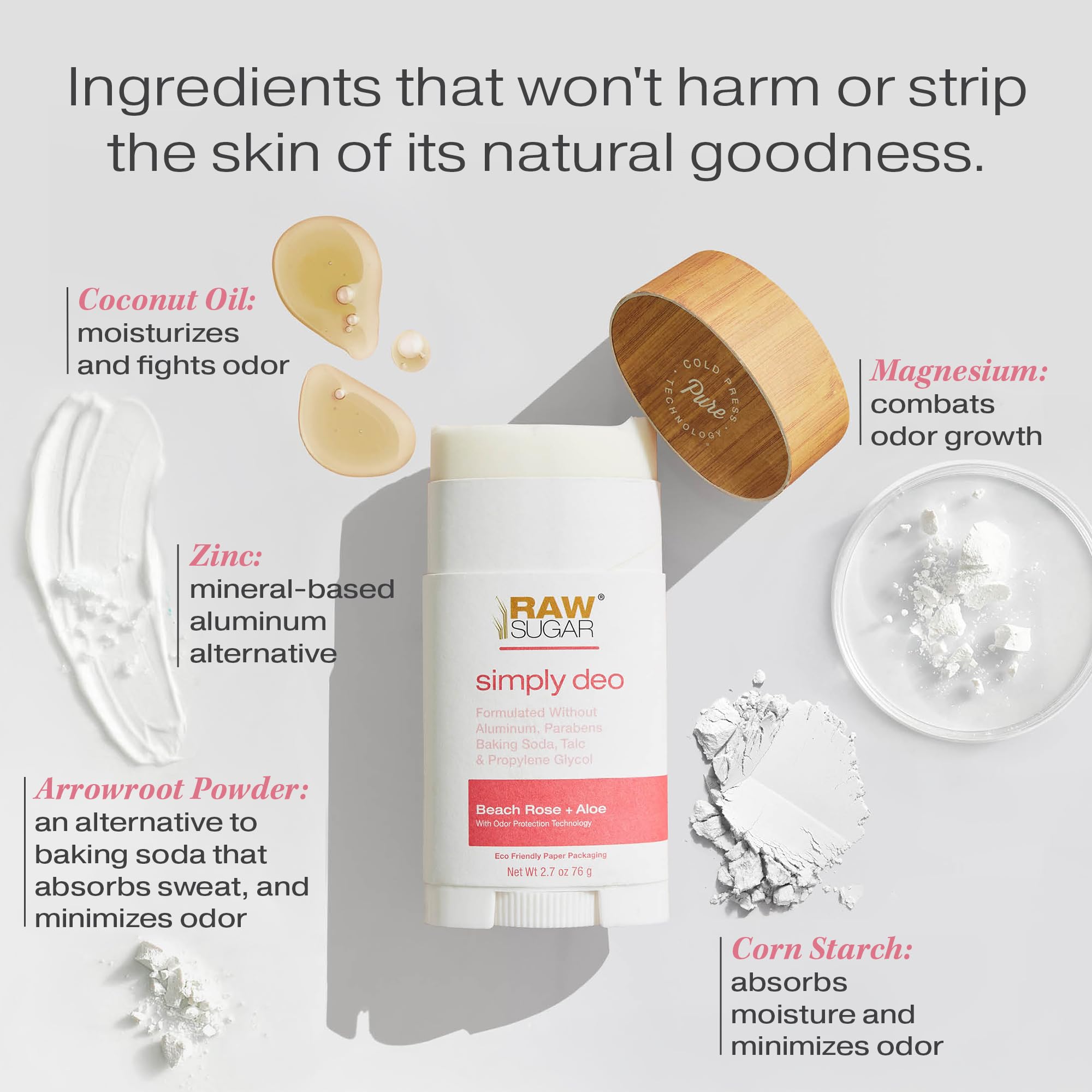 Raw Sugar aluminum-free deodorant Beach Rose 3-pack, natural body deodorant with floral scent, in white and pink packaging.