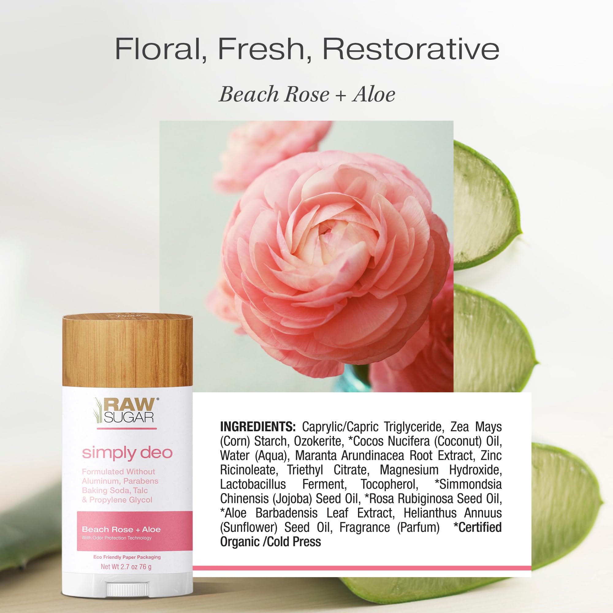 Raw Sugar aluminum-free deodorant Beach Rose 3-pack, natural body deodorant with floral scent, in sleek stick packaging