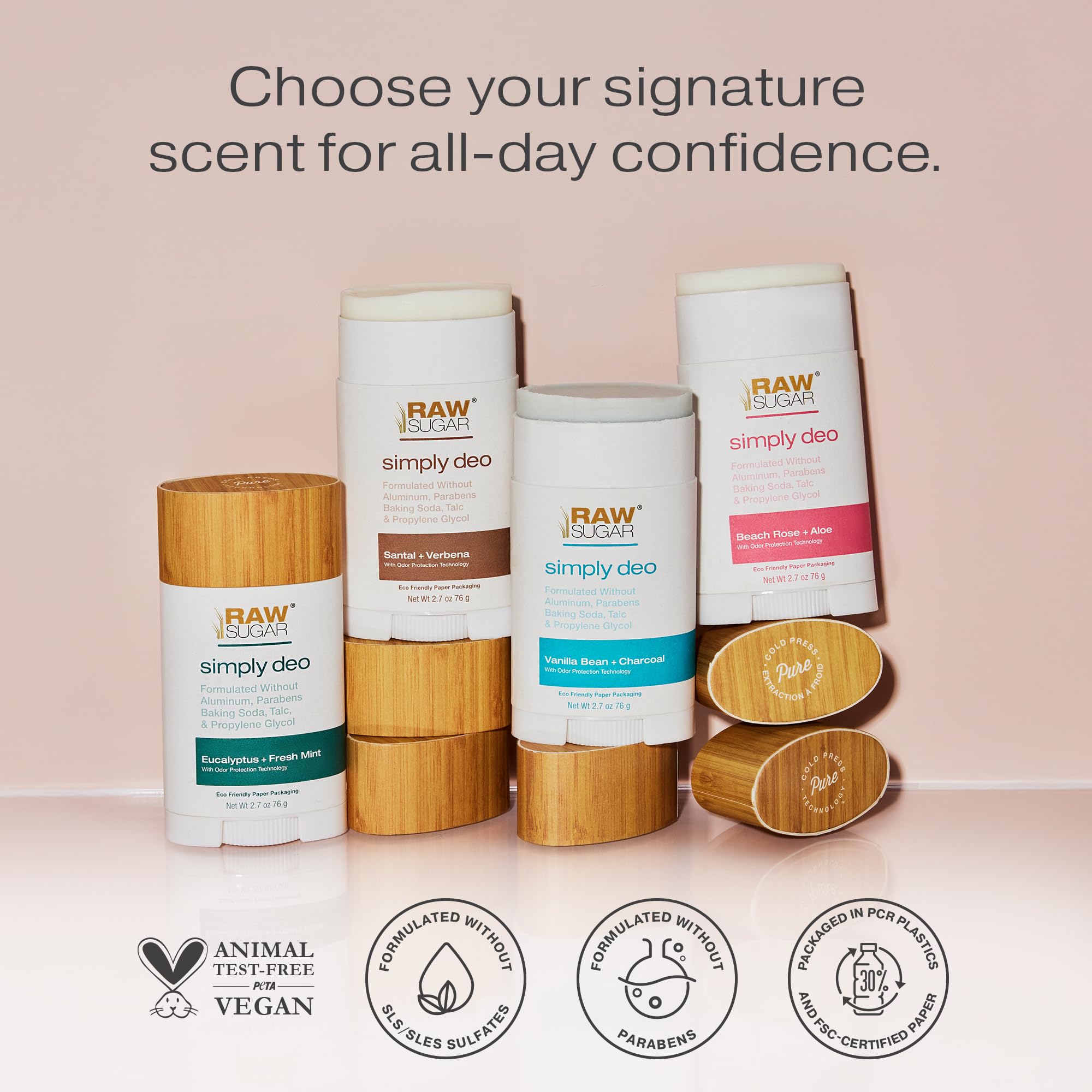Raw Sugar aluminum-free Beach Rose deodorant 3-pack, natural body deodorant with floral scent and eco-friendly packaging.