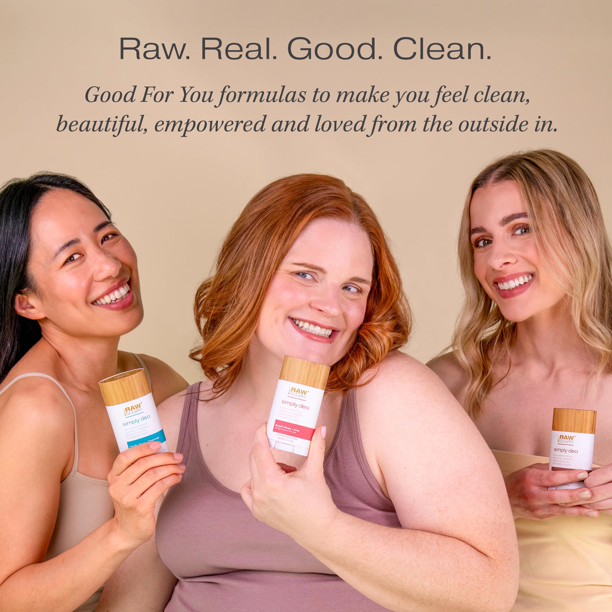 Raw Sugar aluminum-free deodorant Beach Rose 3-pack with natural scent, visible deodorant sticks in sleek packaging.