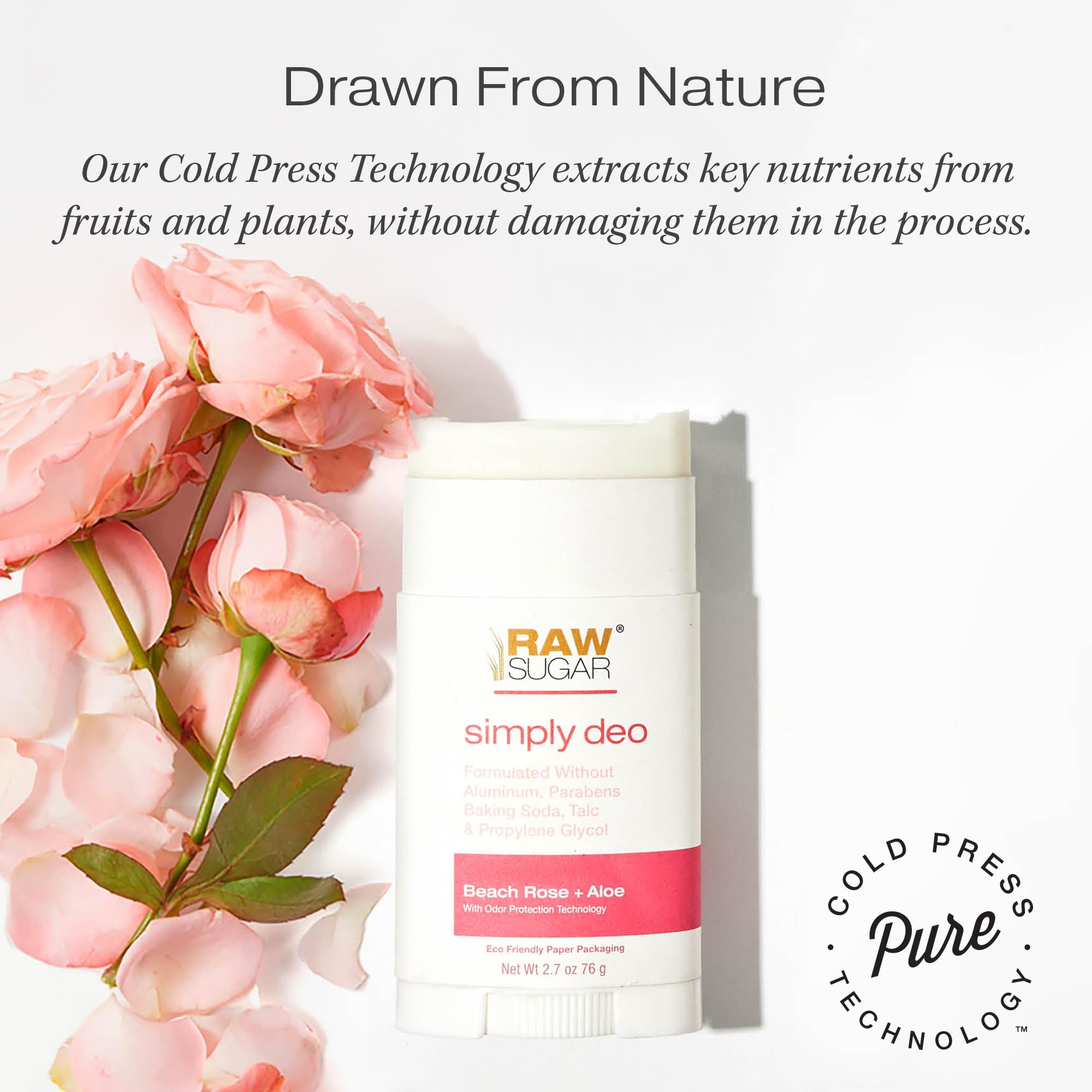 Three RAW SUGAR aluminum-free Beach Rose body deodorants in a 3-pack, featuring natural ingredients and fresh floral scent.