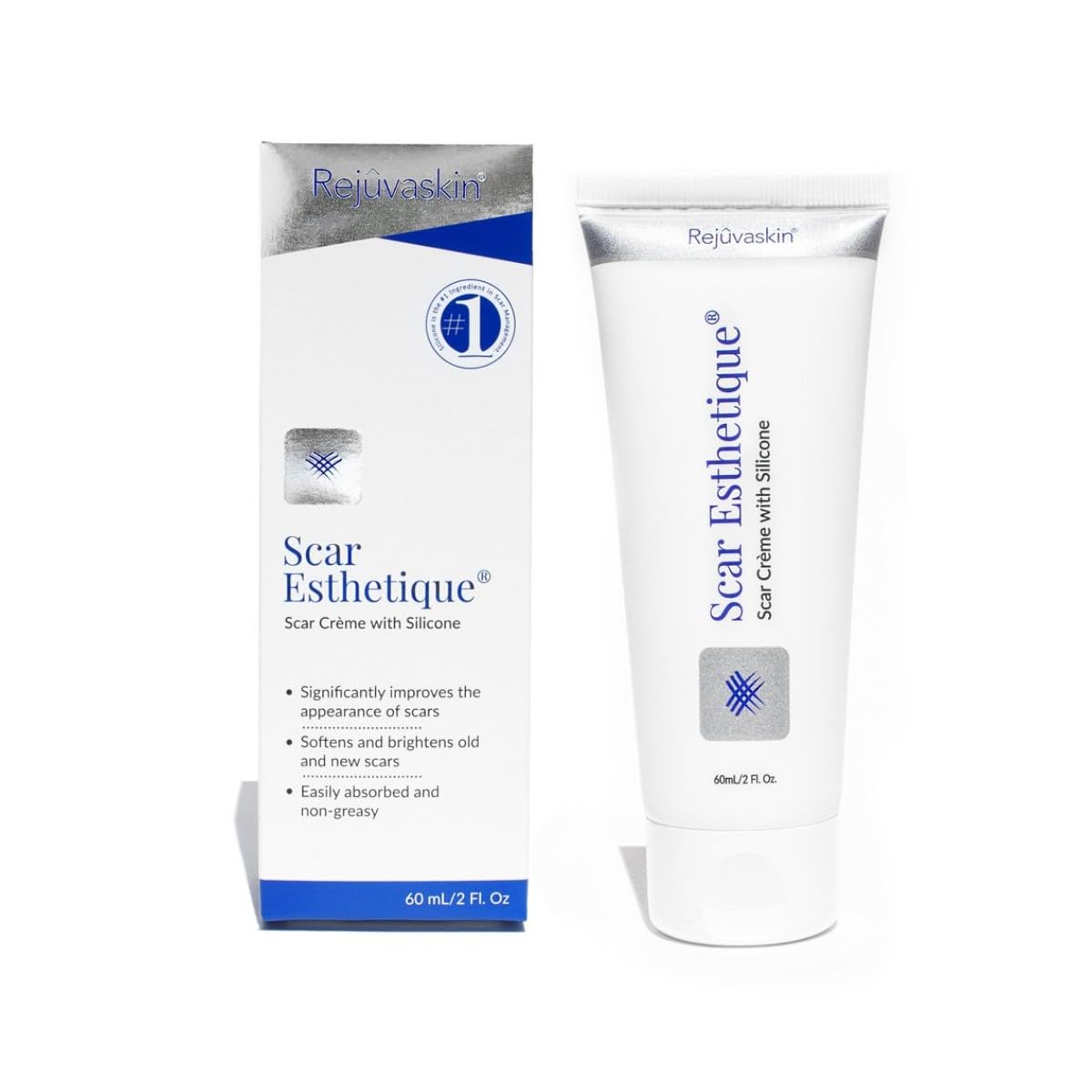 Rejuvaskin Scar Esthetique scar crème with polypeptides and antioxidants in a 2-ounce jar, designed for skin scar treatment.