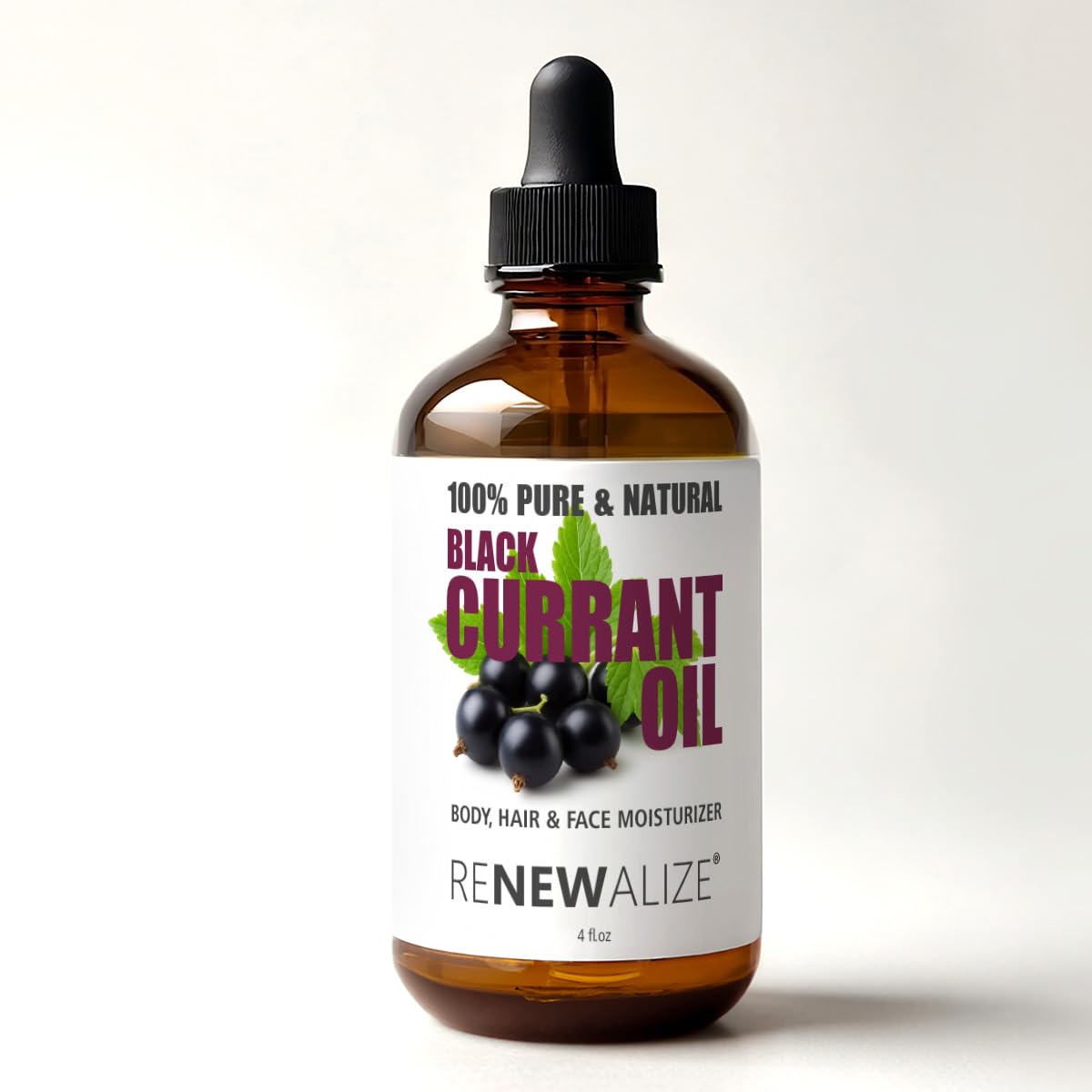 Renewalize Black Currant Seed Oil skin moisturizer in 4 fl oz bottle, pure carrier oil for nourishing and hydrating skin.