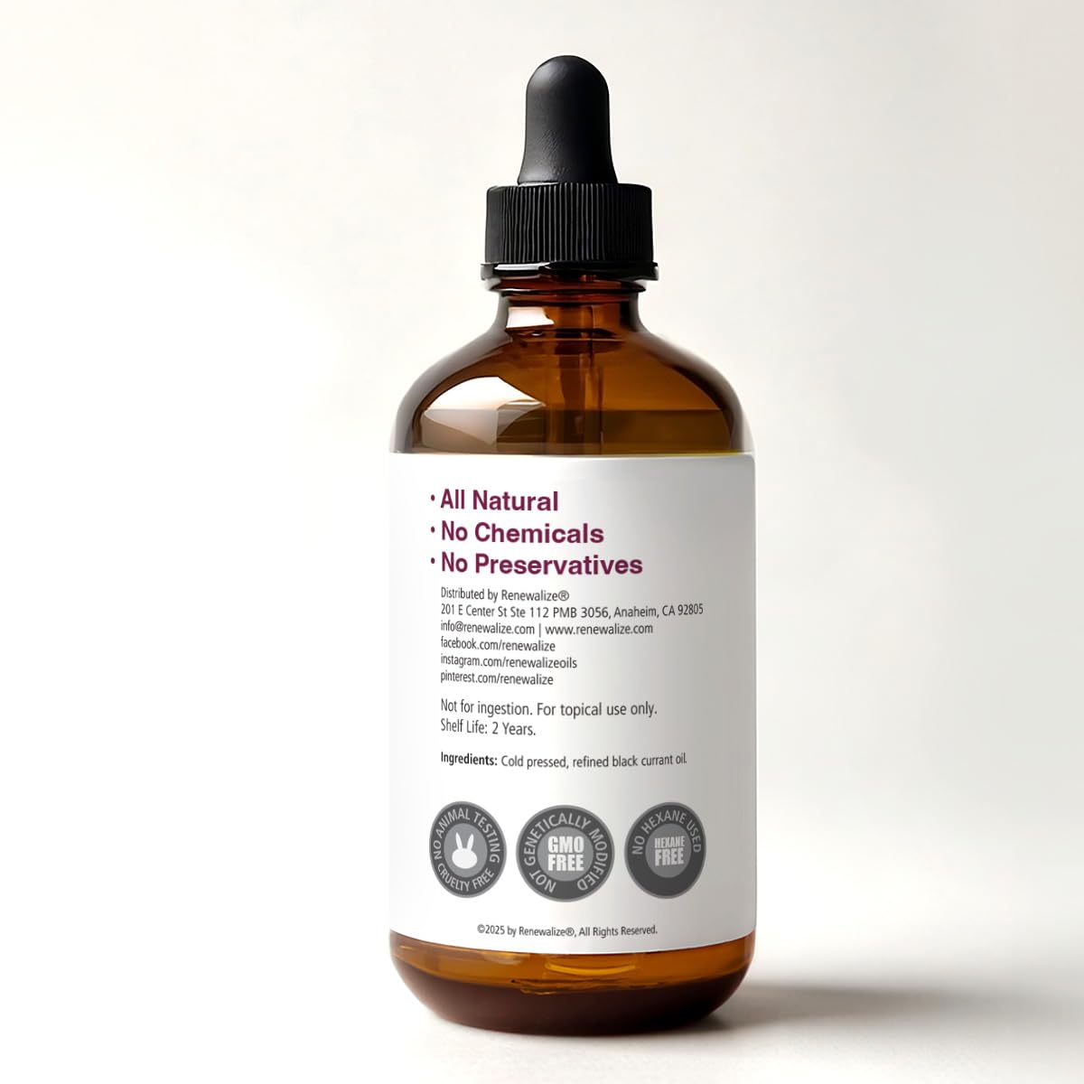 Renewalize Black Currant Seed Oil, 4 fl oz skin moisturizer, pure carrier oil with dark amber liquid in a glass bottle.