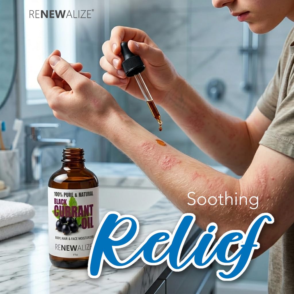 Renewalize Black Currant Seed Oil skin moisturizer in a 4 fl oz bottle, pure carrier oil for nourishing skincare.