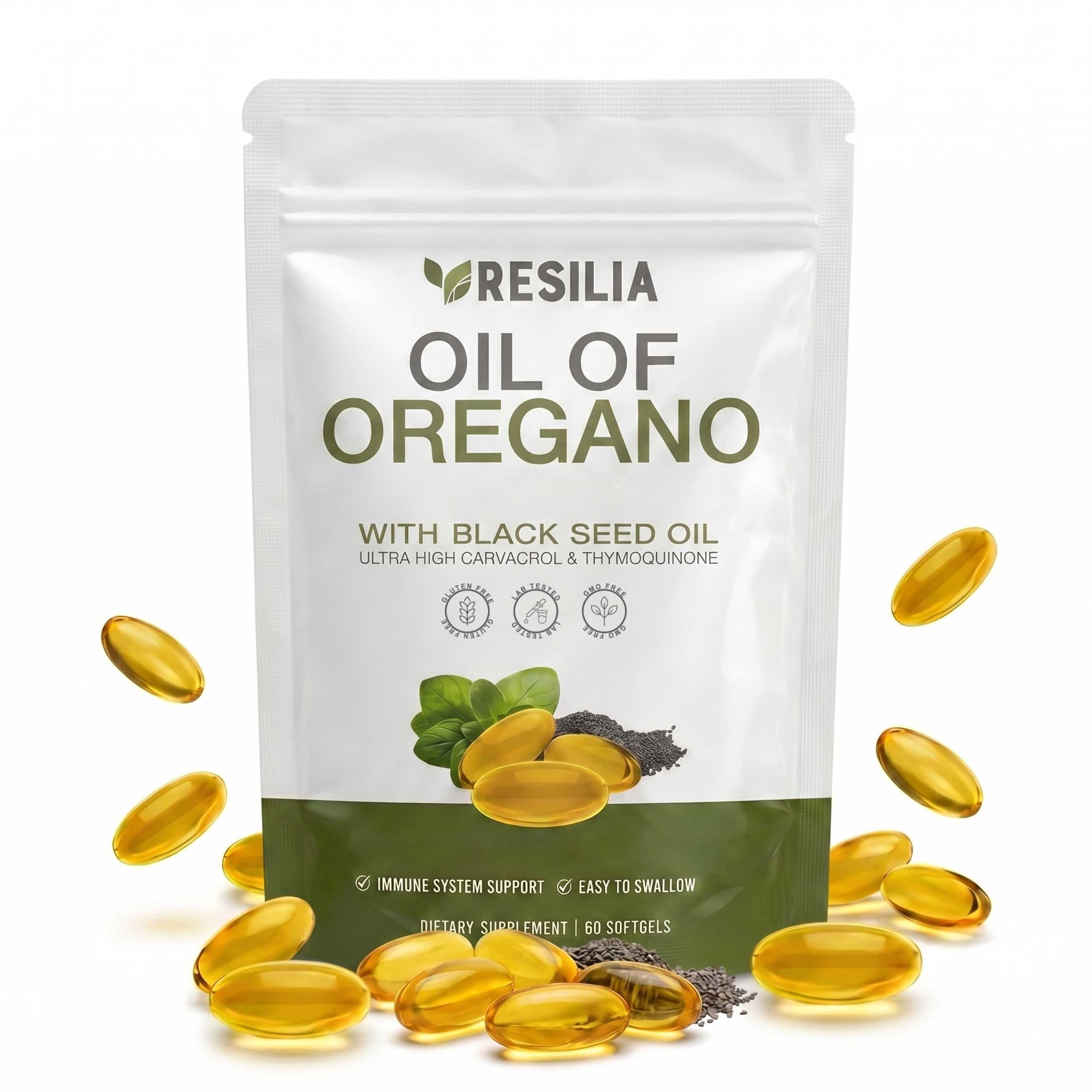Resilia Oil of Oregano and Black Seed Oil softgels in a bottle, herbal supplement for health support, 60 count.