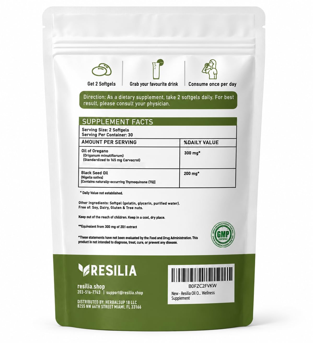 Resilia Oil of Oregano and Black Seed Oil softgels in a bottle, herbal supplement for wellness, 60 count.