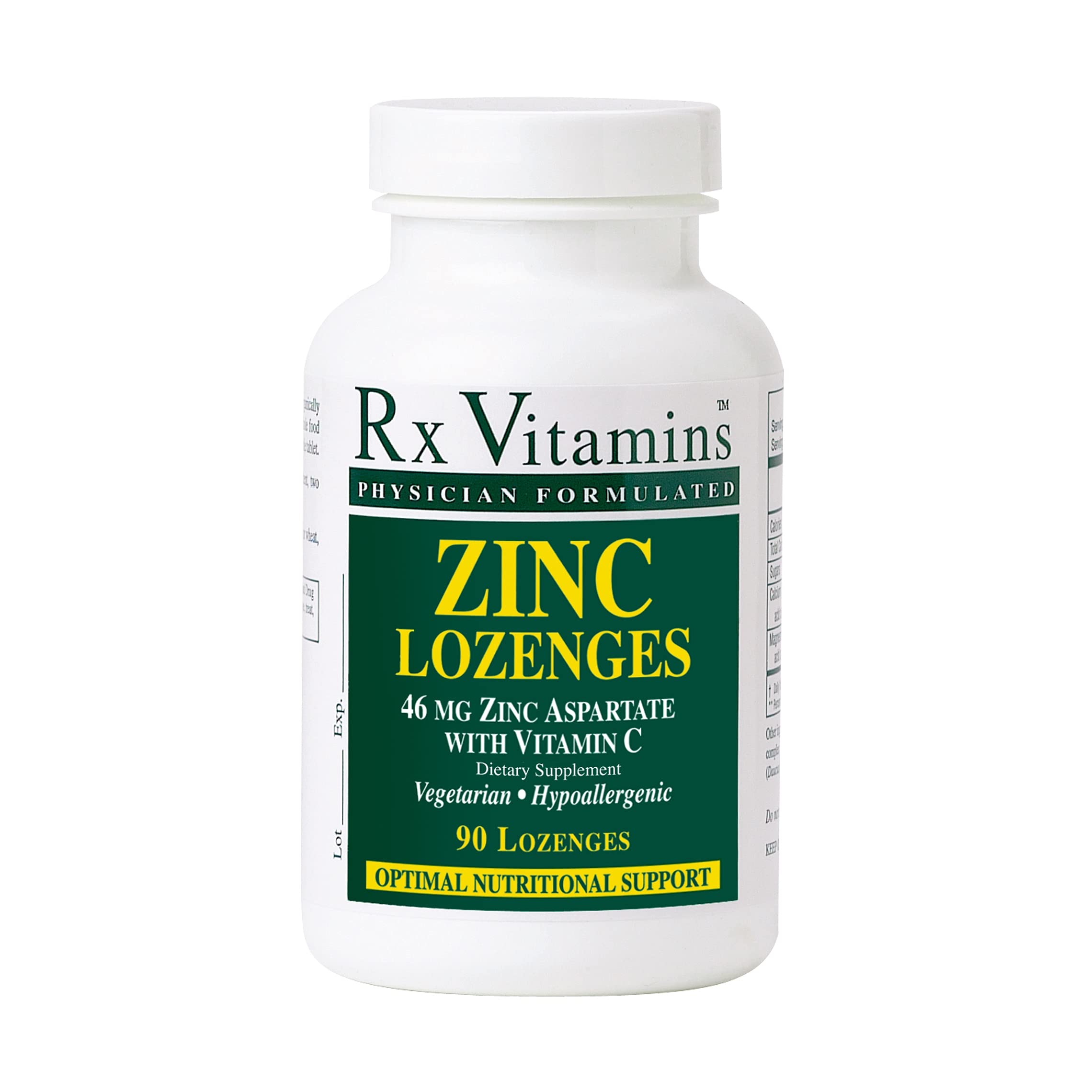 Rx Vitamins Zinc Lozenges 90 count, immune support nutritional supplement, showing orange lozenges in a clear bottle