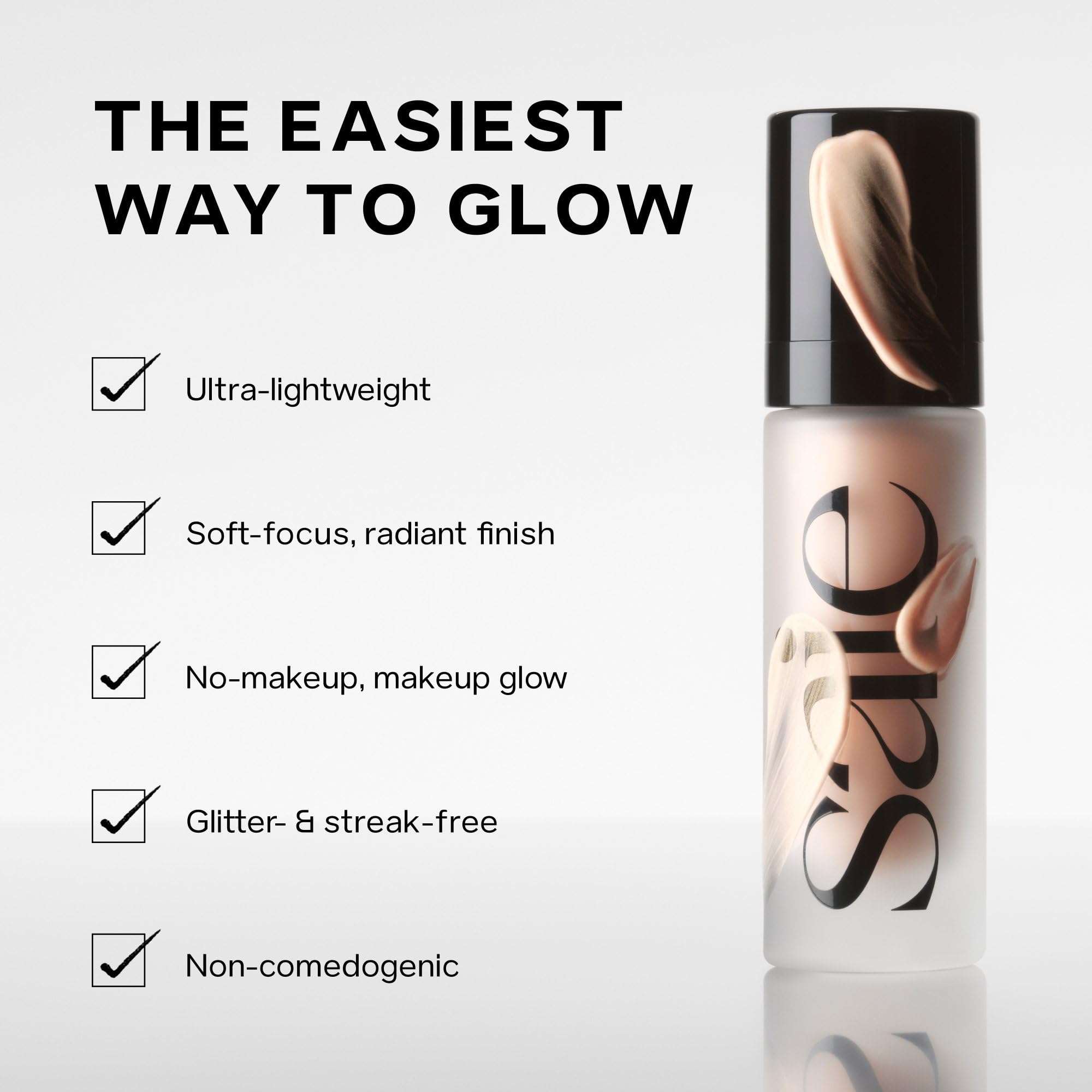 Saie Mini Glowy Super Gel Primer with Vitamin C, providing a warm glow and radiant finish for face makeup application.