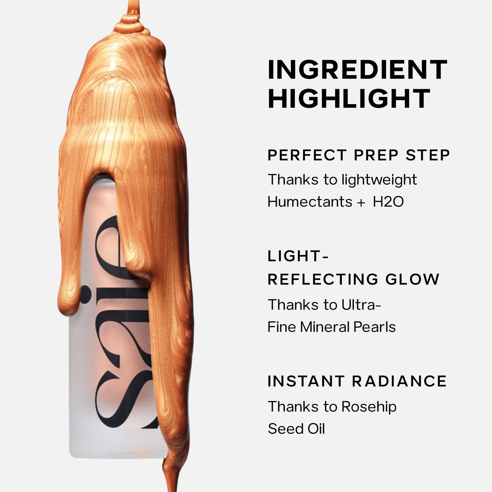 Saie Mini Glowy Super Gel Primer with Vitamin C, warm glow, face shaping makeup for radiant, smooth skin.
