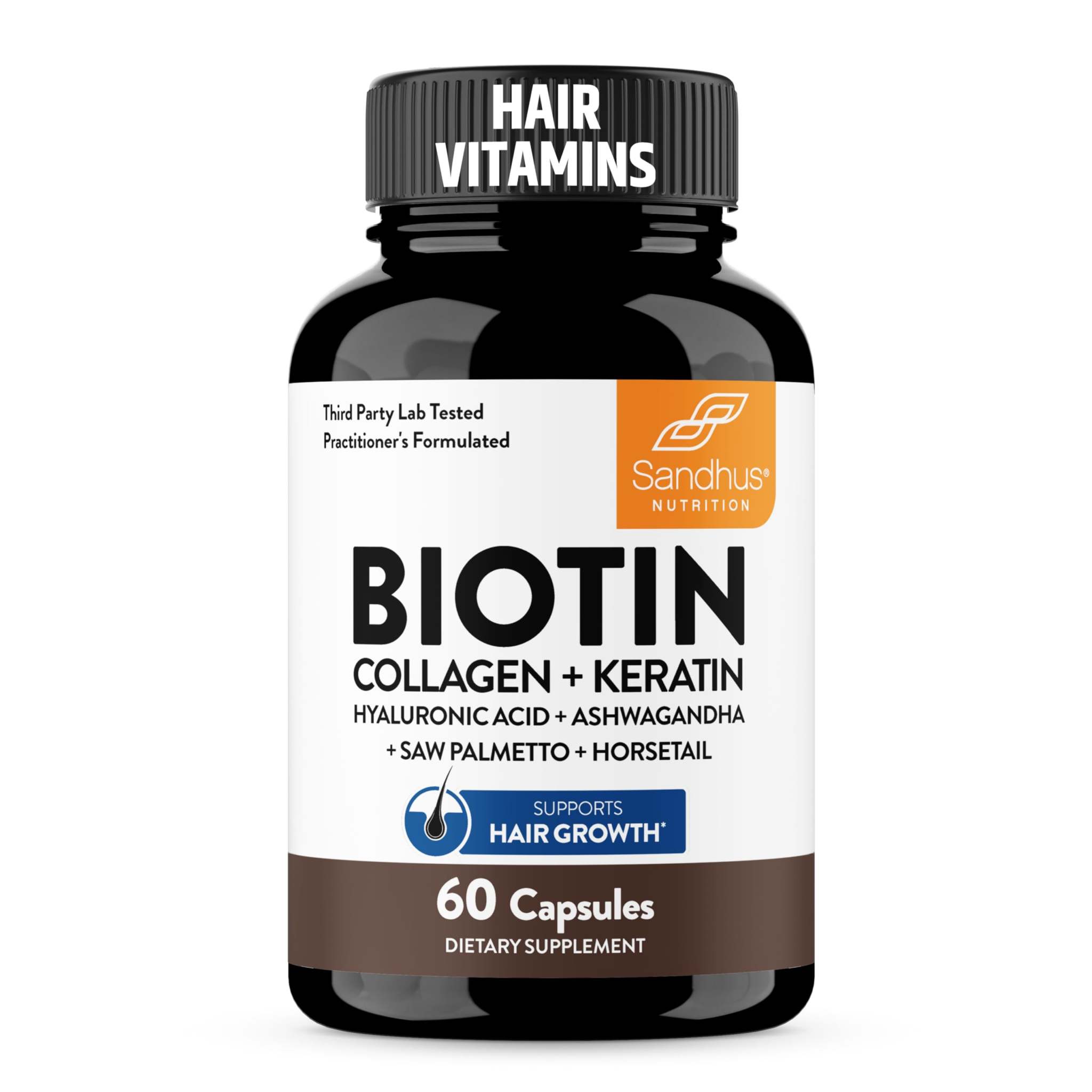 Sandhu's Biotin Collagen & Keratin Complex nutritional supplement in 60 capsules, supporting hair, skin, and nail health.