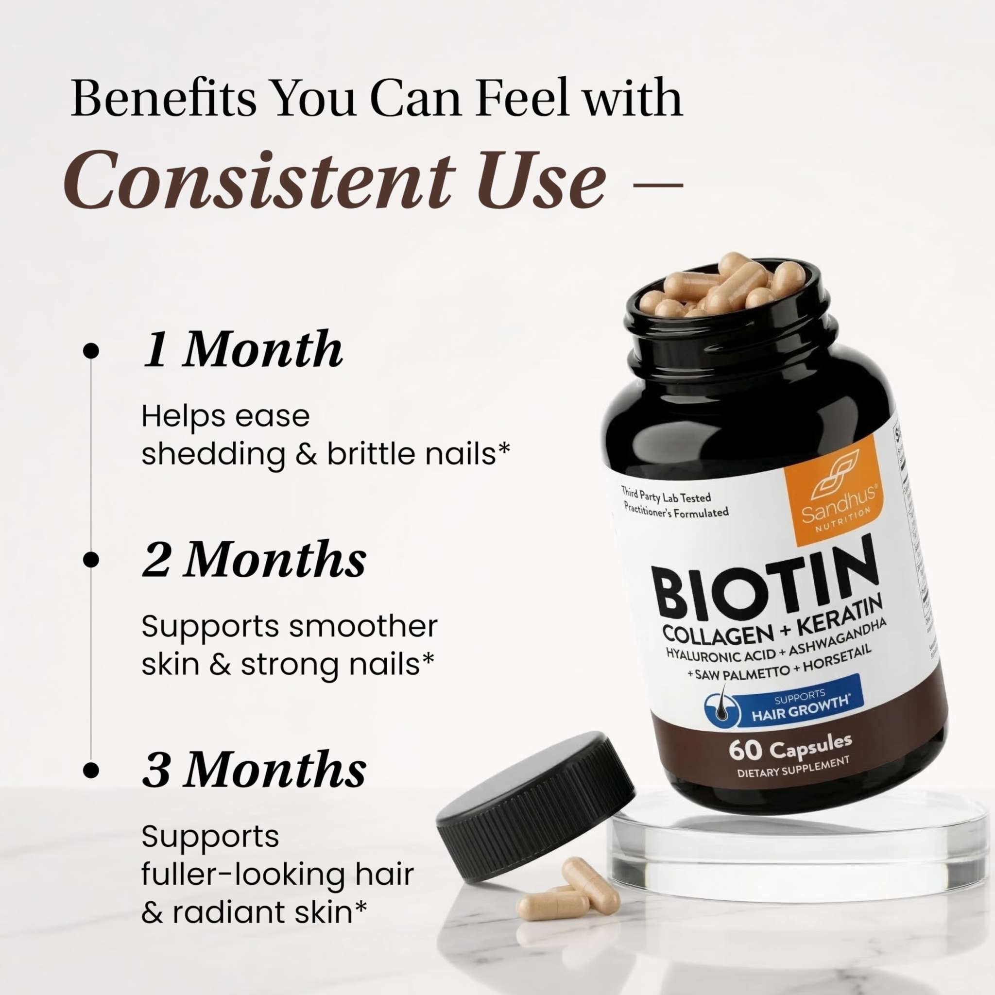 Sandhu's Biotin Collagen & Keratin Complex nutritional supplement bottle with 60 capsules, promoting hair and skin health.