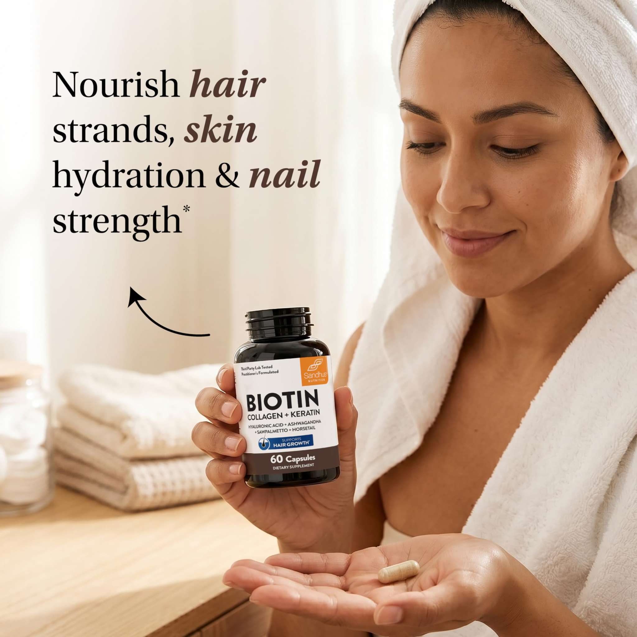 Sandhu's Biotin Collagen & Keratin Complex supplement bottles with 60 capsules, dietary nutritional supplement for hair and skin health