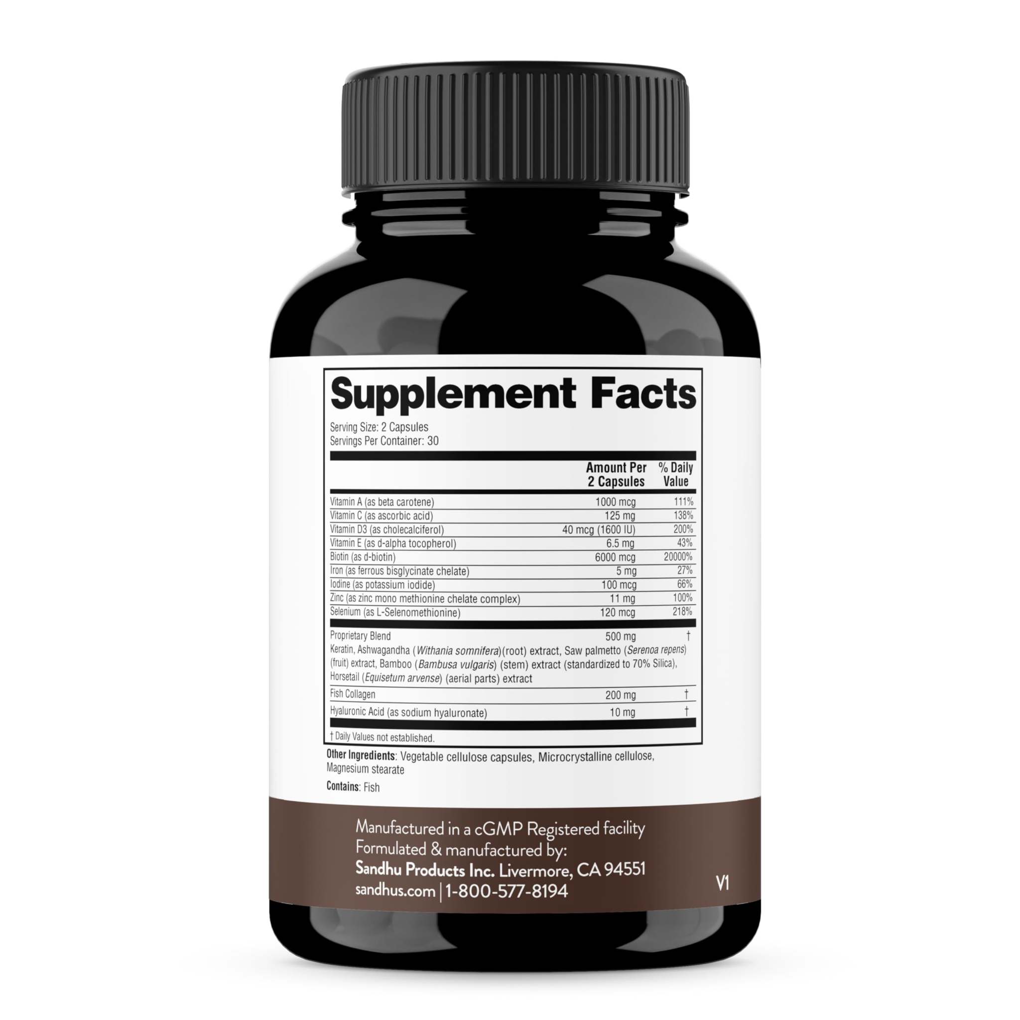 Sandhu's Biotin Collagen & Keratin Complex nutritional supplement bottle with 60 capsules, promoting hair, skin, and nail health.