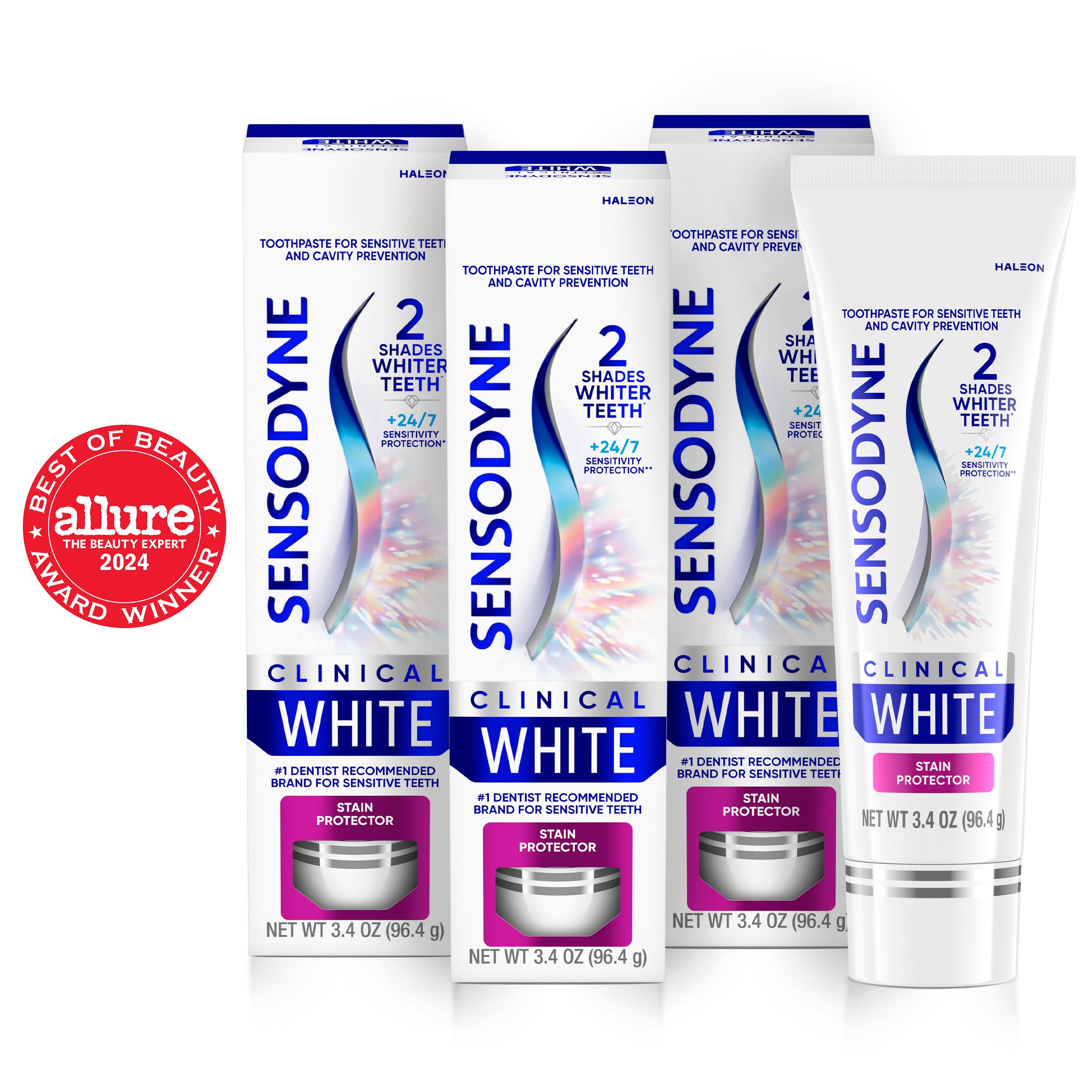 Sensodyne Clinical White whitening toothpaste 3-pack, a tooth cleaning agent for sensitive teeth and brightening smile.