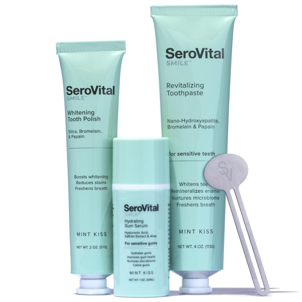 Serovital Smile Radiant Smile Care Kit with Nano-HydroxyApatite for teeth whitening and brightening, featuring dental care products.
