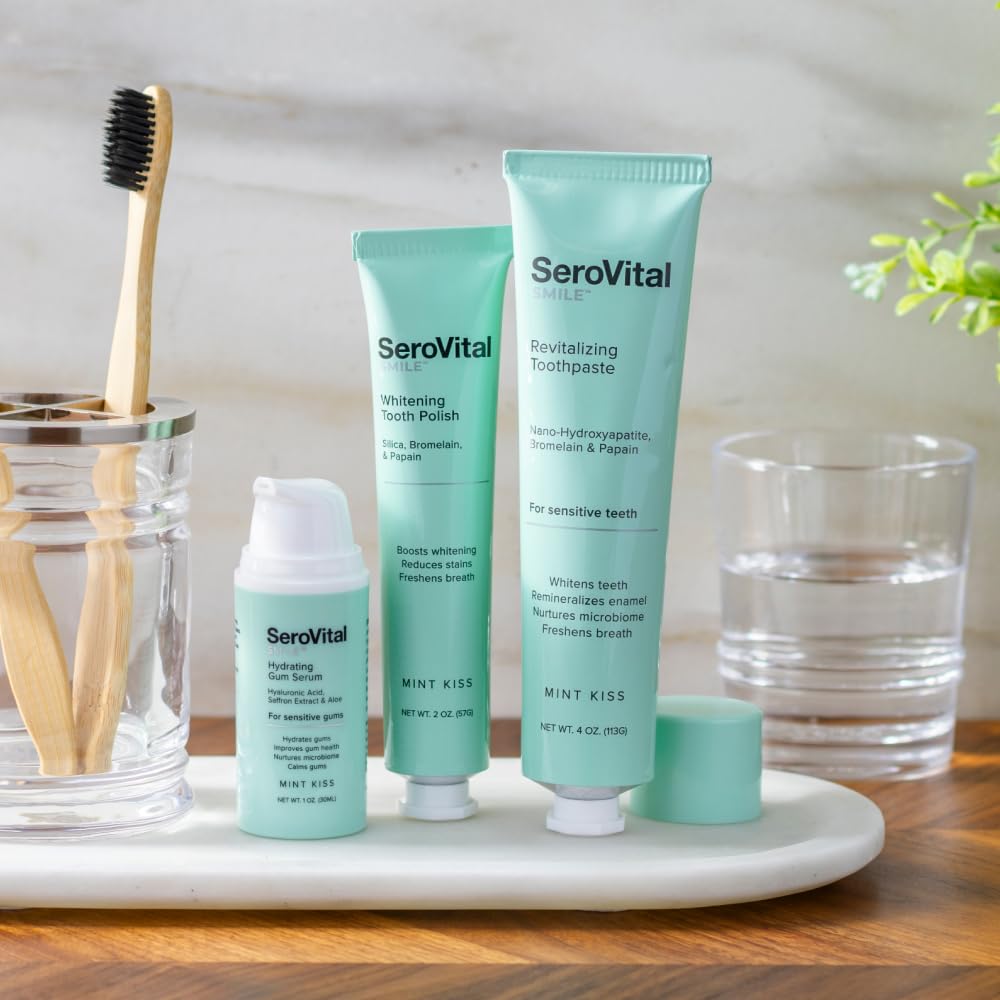 Serovital Smile Radiant Smile Care Kit with Nano-HydroxyApatite for tooth whitening and oral care.