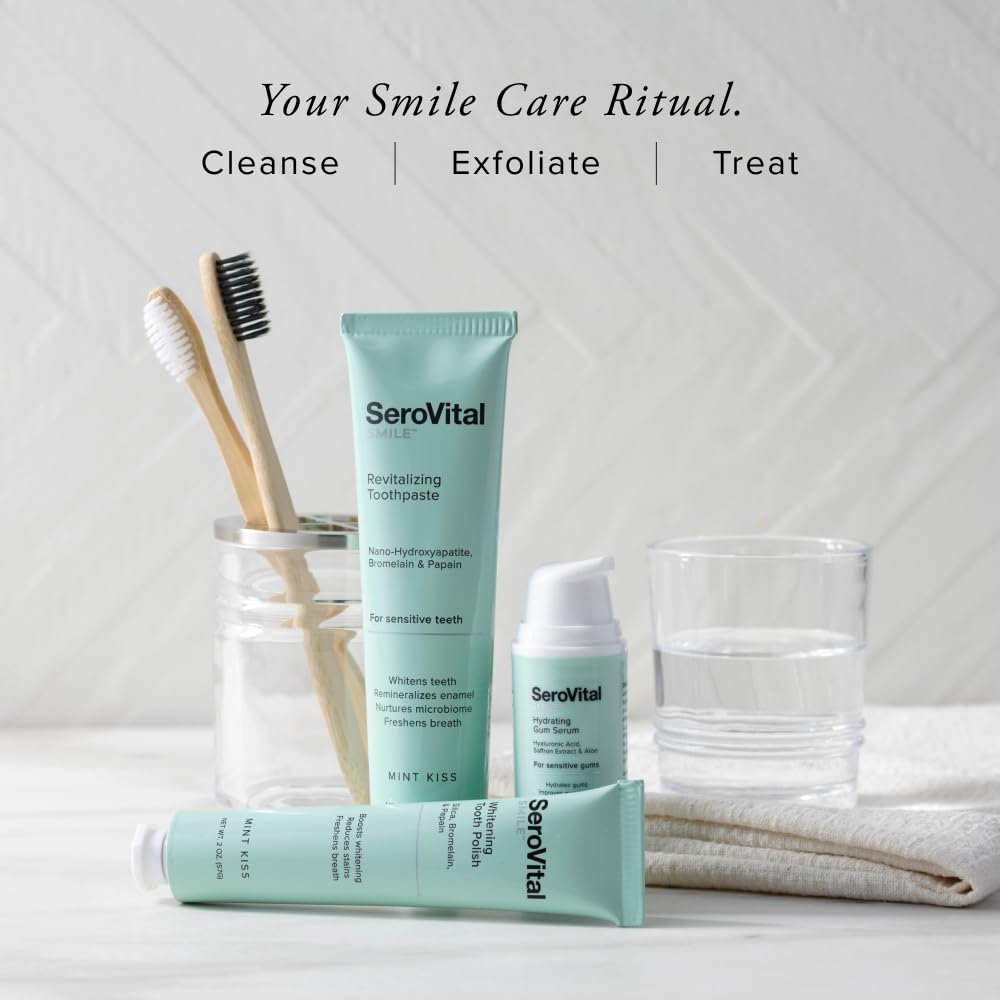 Serovital Smile Radiant Smile Care Kit with Nano-HydroxyApatite for teeth whitening and oral care, featuring a sleek white packaging.