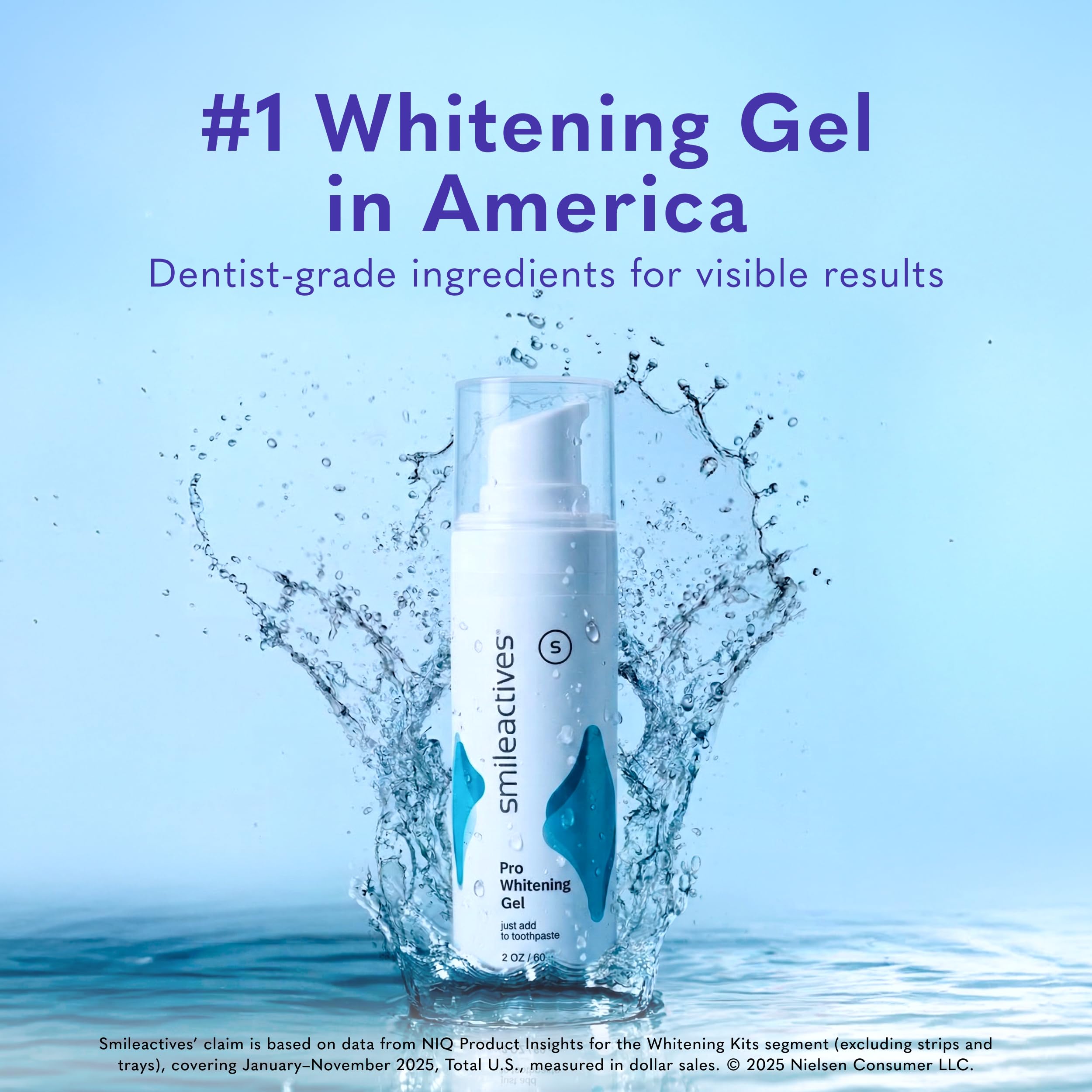 Smileactives Pro Whitening Gel 2oz, a clinical-grade tooth whitener in a clear tube with blue cap for brightening teeth.