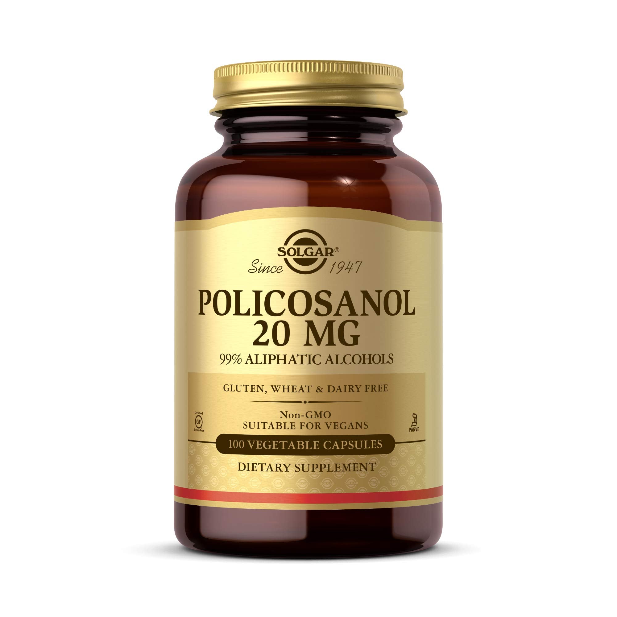 Solgar Policosanol 20mg nutritional supplement in 100 vegetarian capsules for heart health, shown in bottle with capsules inside.