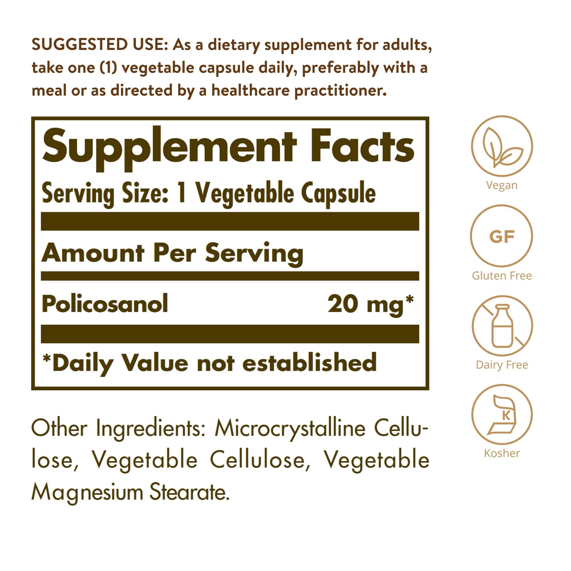 Solgar Policosanol 20mg nutritional supplement in 100 veggie capsules for heart health, shown in a clear bottle with capsules inside.