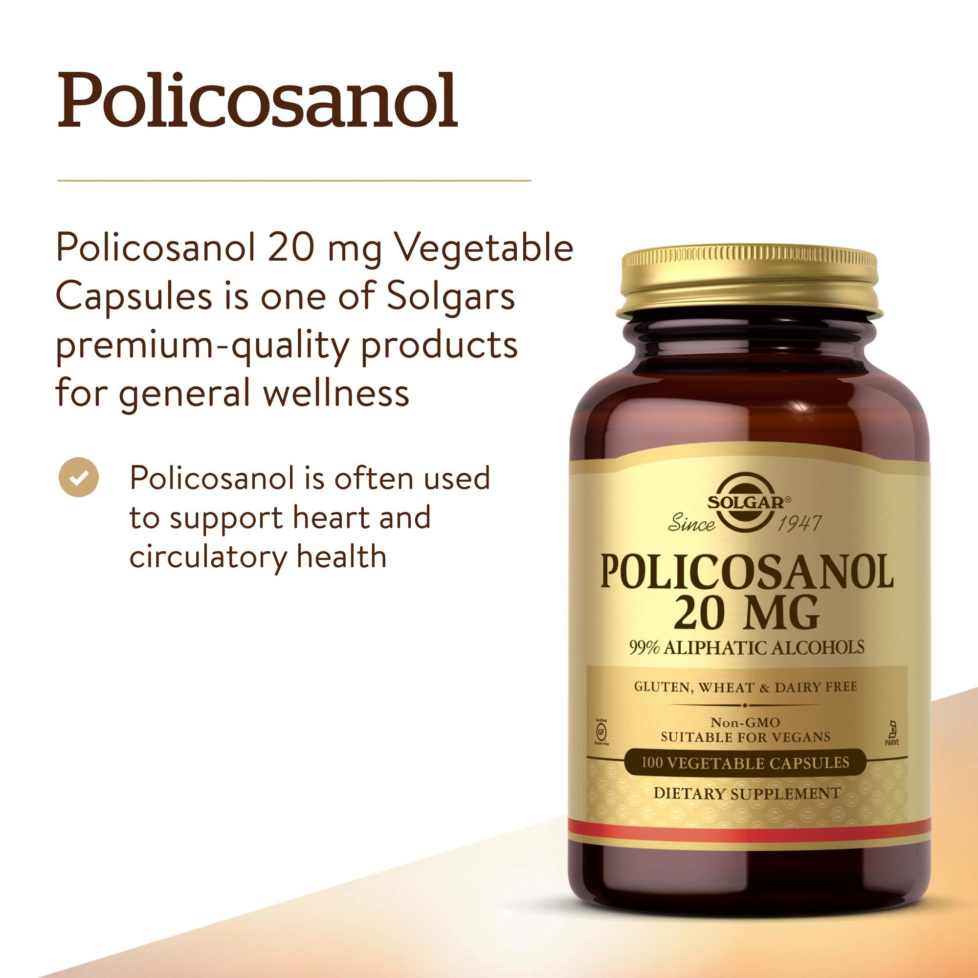 Solgar Policosanol 20mg nutritional supplement in 100 vegetarian capsules for heart health, displayed in a clear bottle.