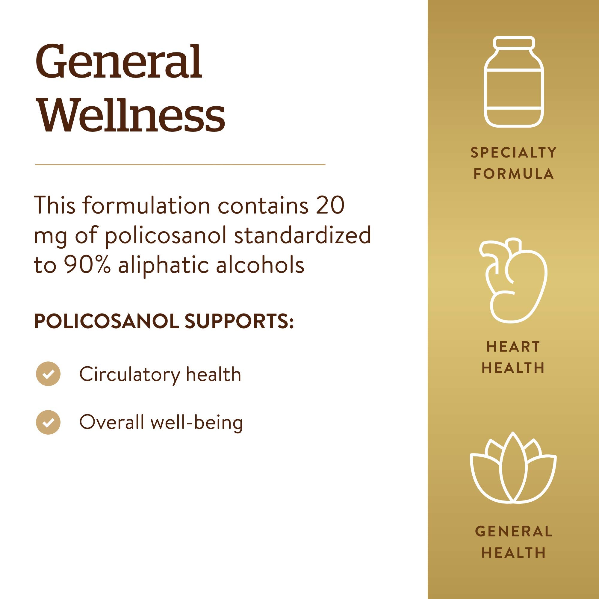 Solgar Policosanol 20mg nutritional supplement in 100 vegetarian capsules for heart health, shown in a clear bottle with capsules inside.