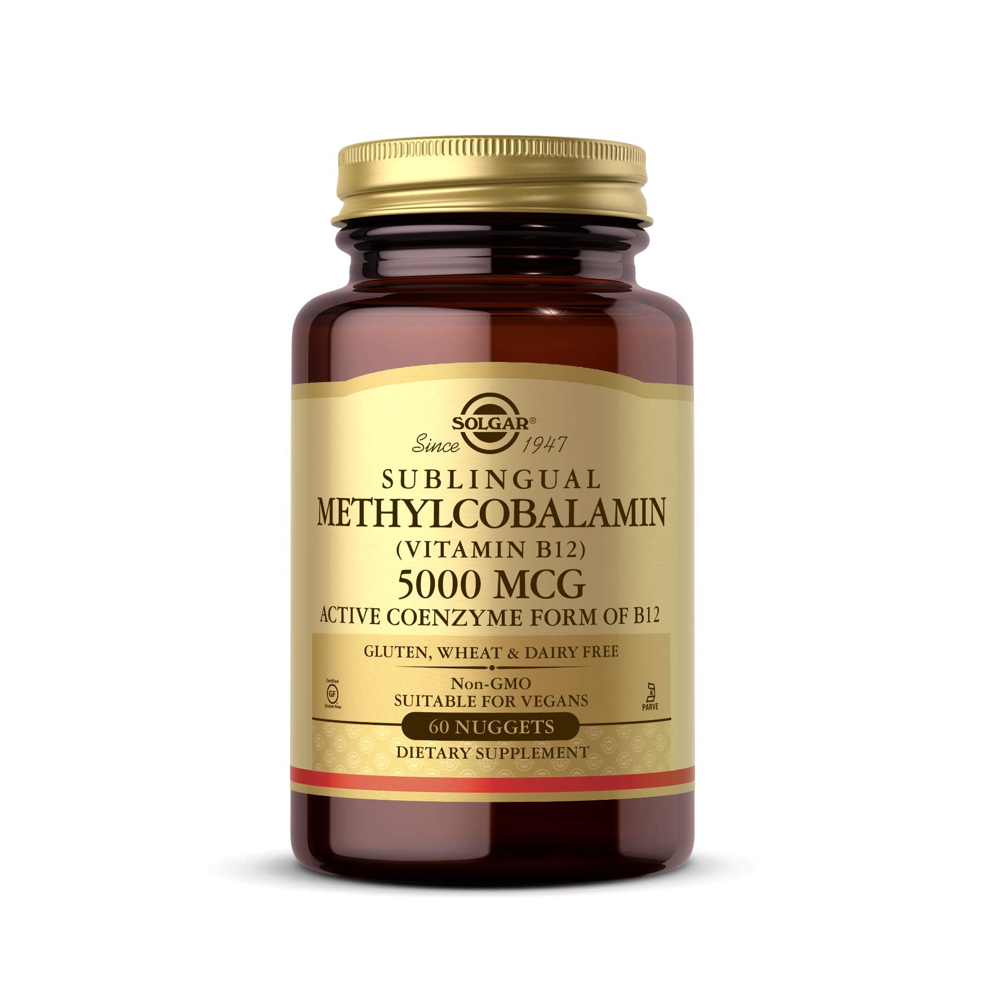Solgar Methylcobalamin Vitamin B12 5000 mcg supplement in 60 nugget form, with colorful packaging and branding visible.