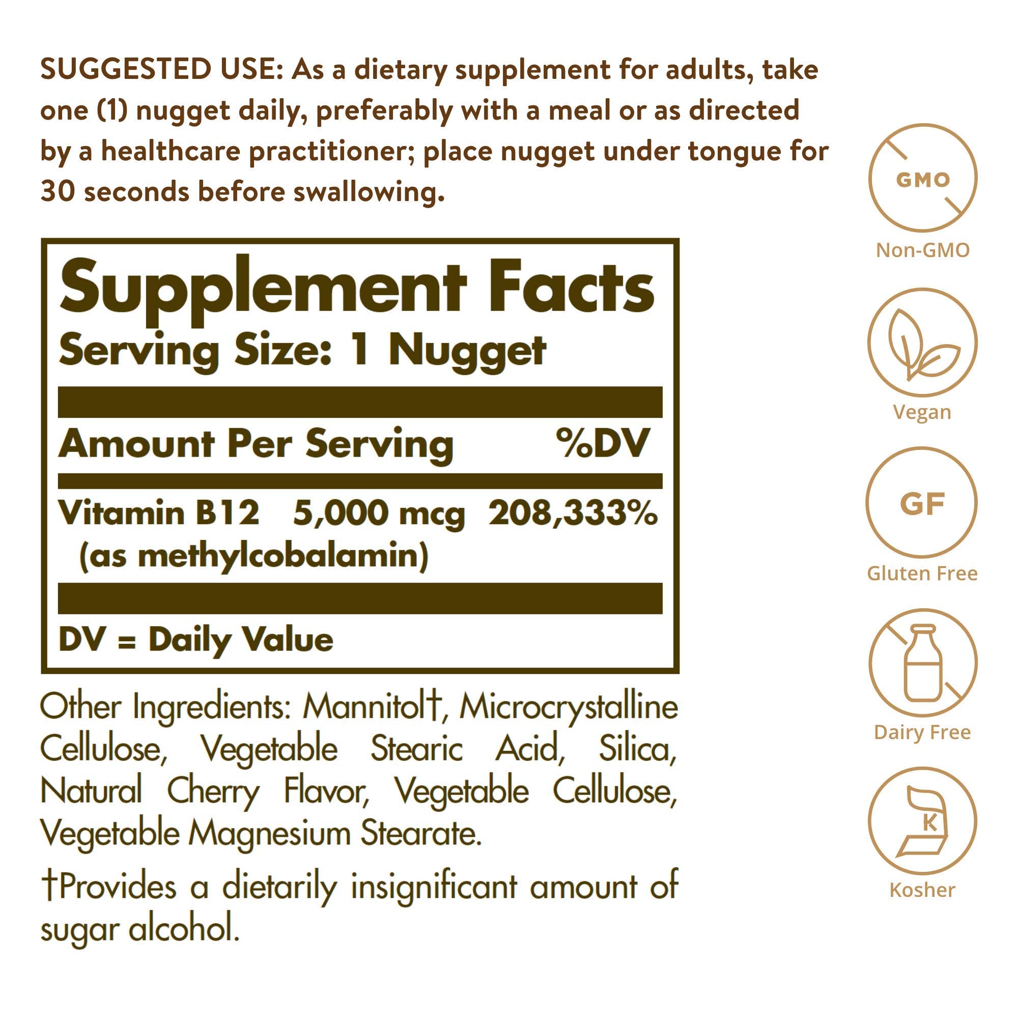 Solgar Methylcobalamin Vitamin B12 5000 mcg in 60 nuggets, dietary vitamin supplement with red and white flavored nuggets.