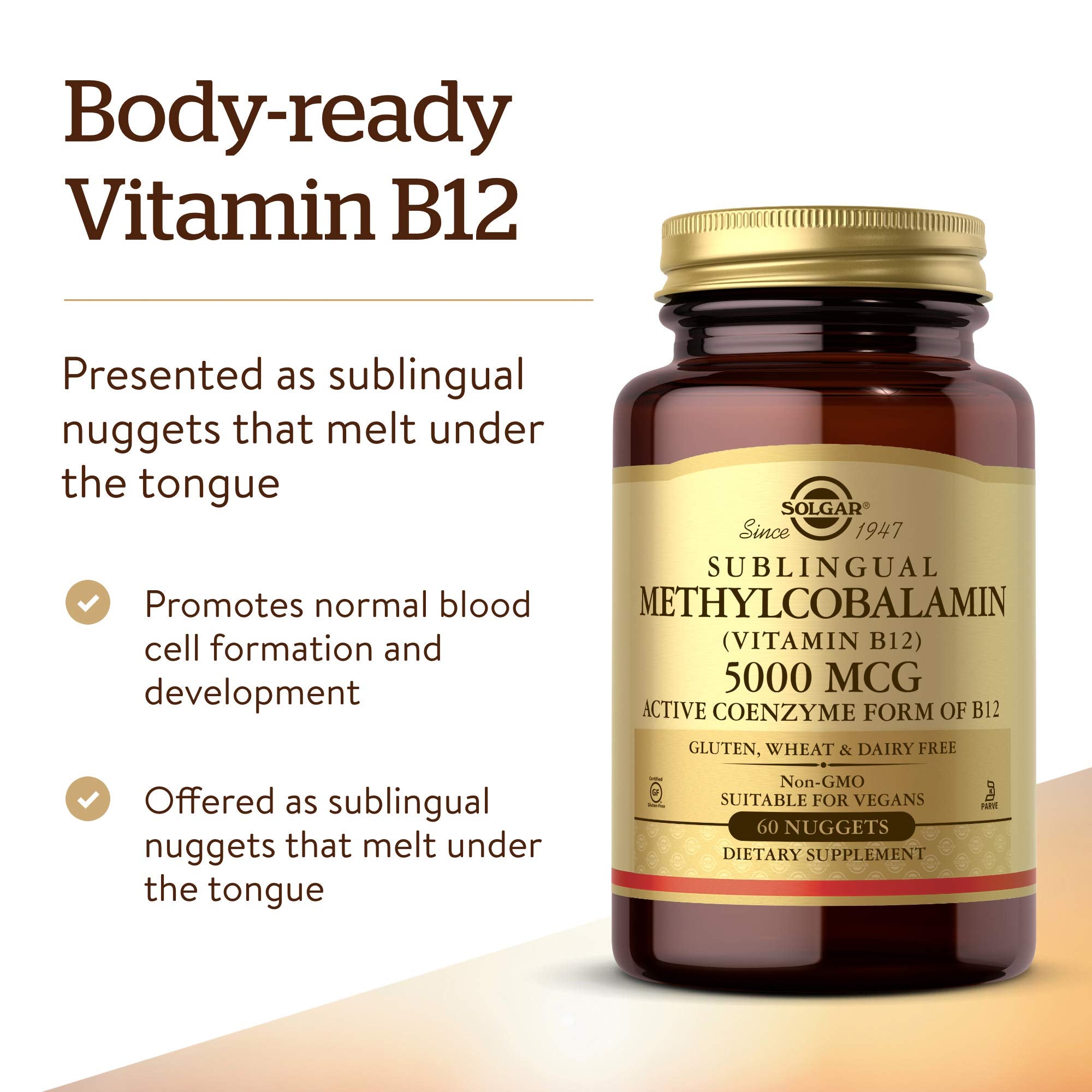 Solgar Methylcobalamin Vitamin B12 5000 mcg supplement in 60 nuggets, natural vitamin B12 source from Solgar.