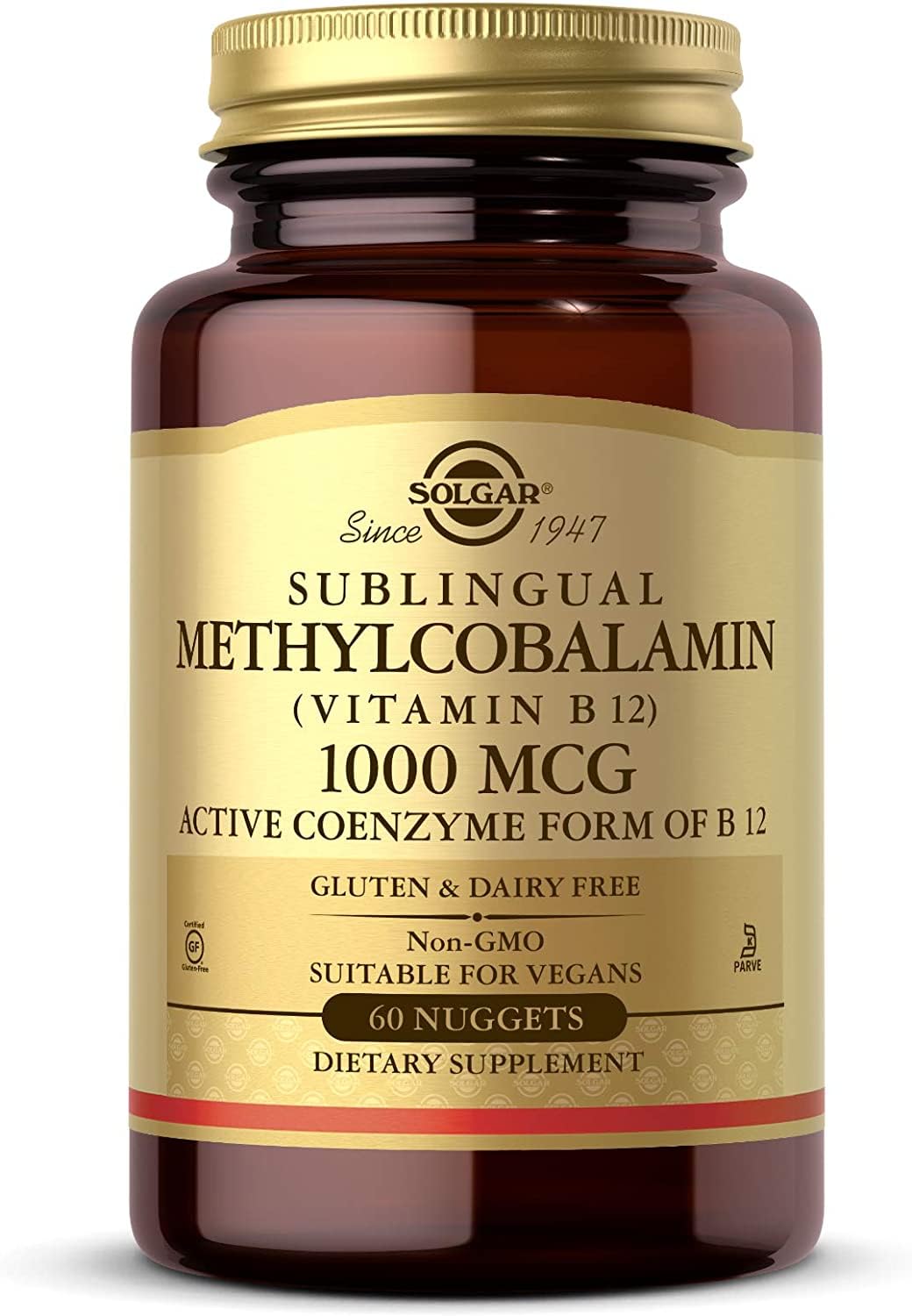Solgar Methylcobalamin Vitamin B12 5000 mcg supplement in 60 nuggets, a natural vitamin B12 product from Solgar.