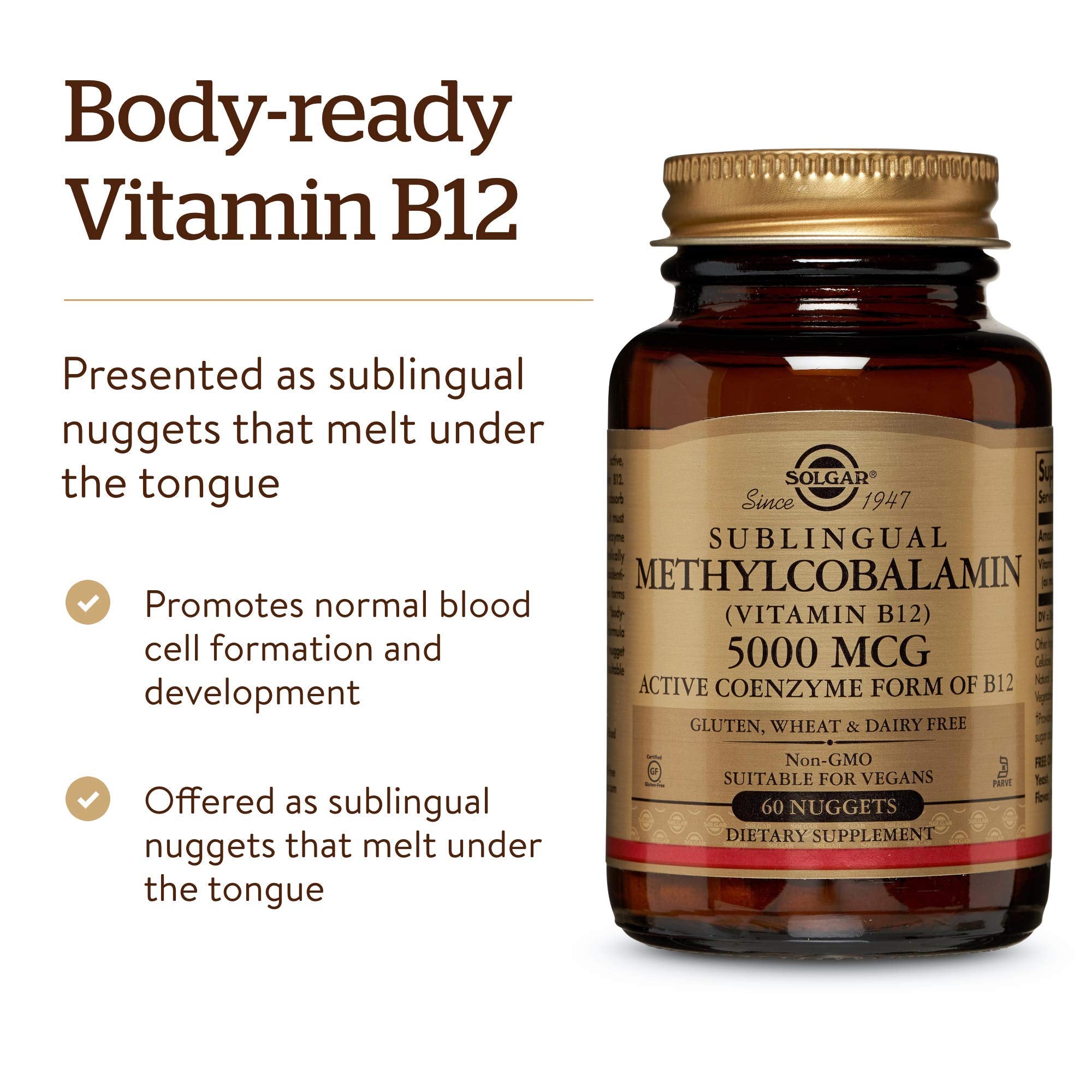 Solgar Methylcobalamin Vitamin B12 5000 mcg supplement in 60 nuggets, dietary vitamin B12 product by Solgar.