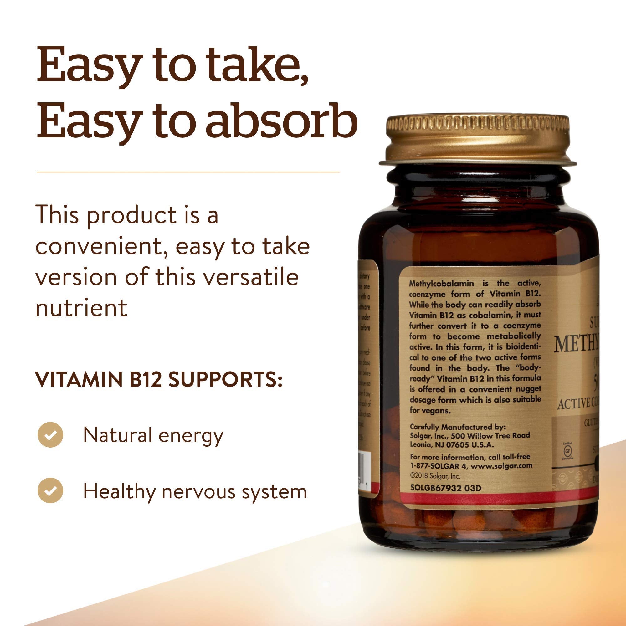 Solgar Methylcobalamin Vitamin B12 5000 mcg supplement in 60 nugget form, showing the bottle and label.