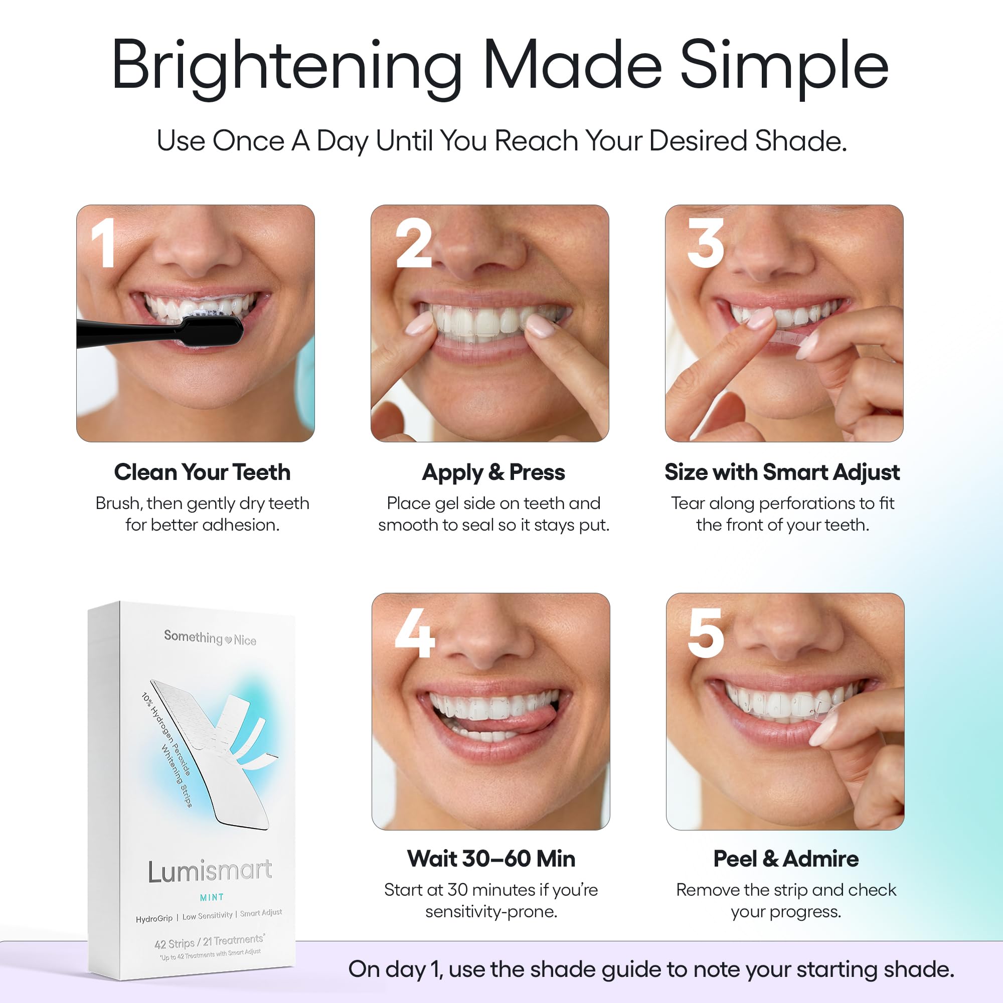 Lumismart Watermelon Whitening Strips for teeth, 42 treatments, natural tooth whitener by Something Nice, close-up of strips on teeth