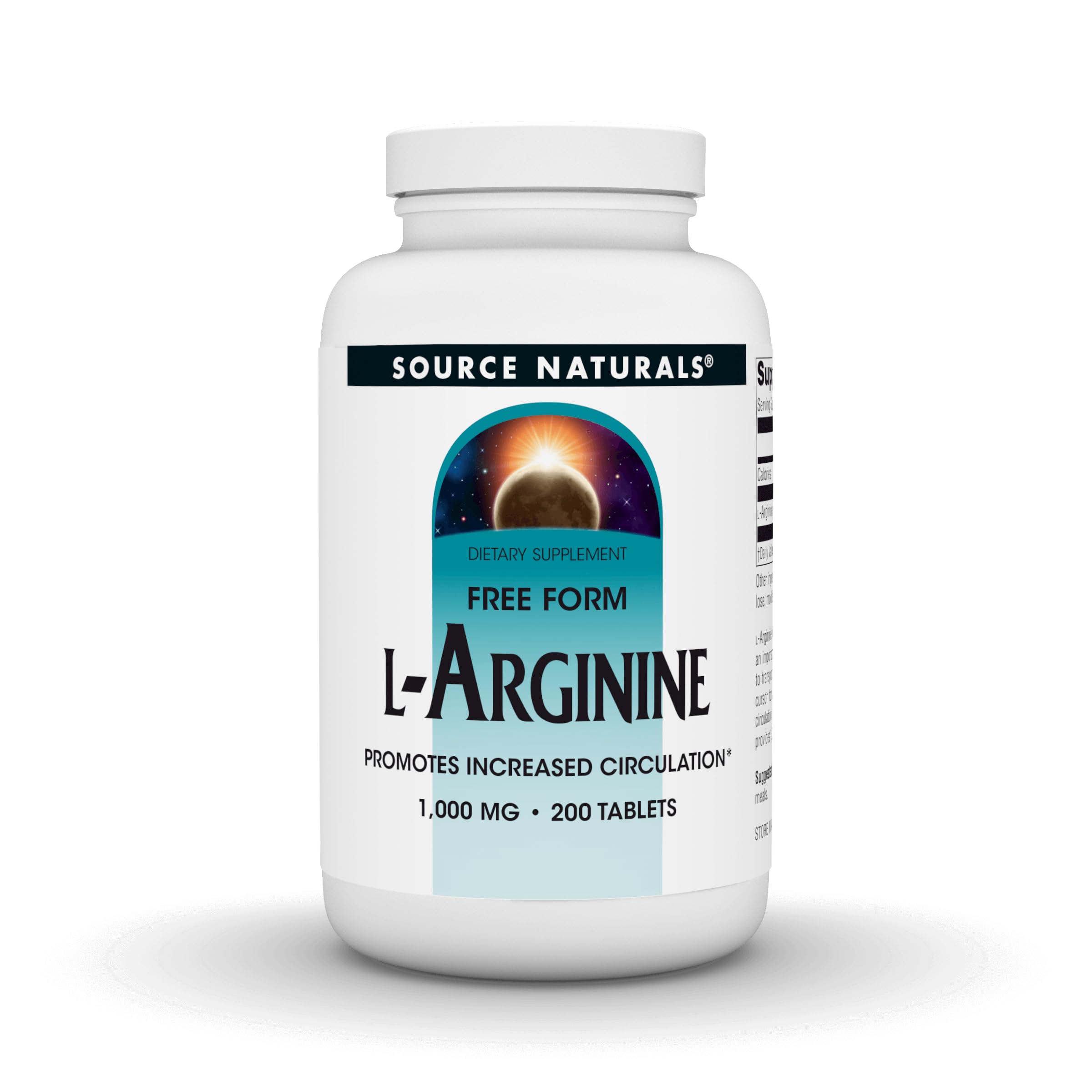 Source Naturals L-Arginine 1000mg nutritional supplement bottles with 200 tablets, showing the product label and tablets inside.