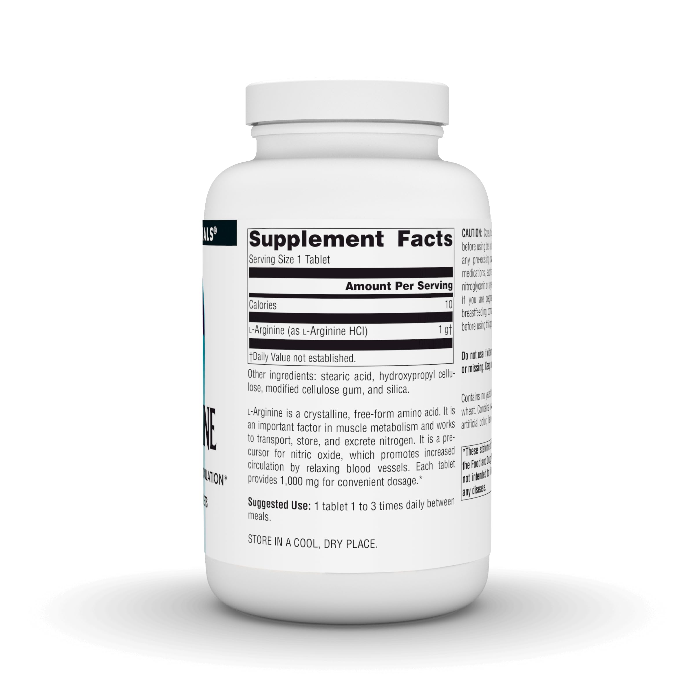 Source Naturals L-Arginine 1000mg nutritional supplement bottles with 200 tablets, showing the label and tablets inside.