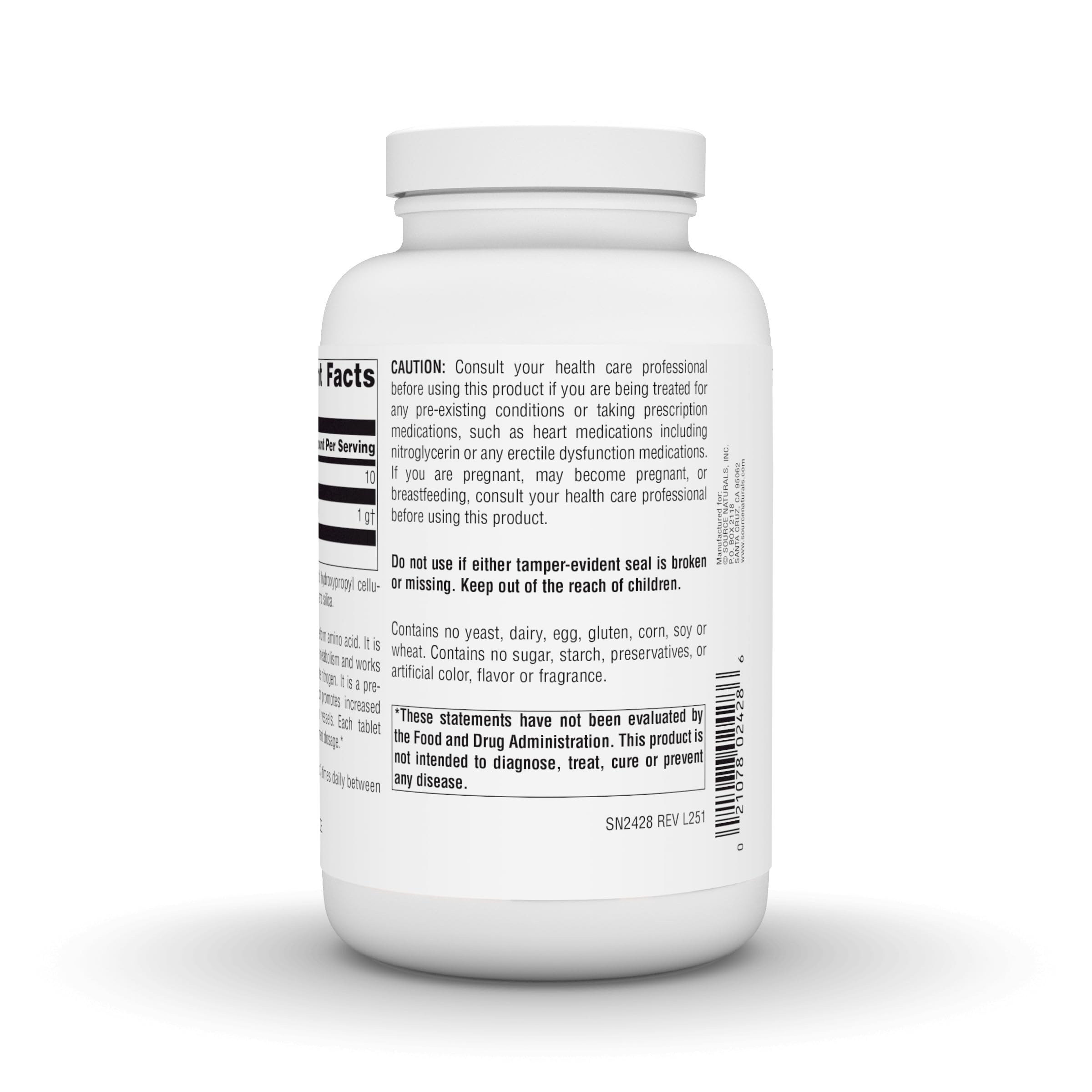 Source Naturals L-Arginine 1000mg supplement bottle with 200 tablets, showing the product label and cap.