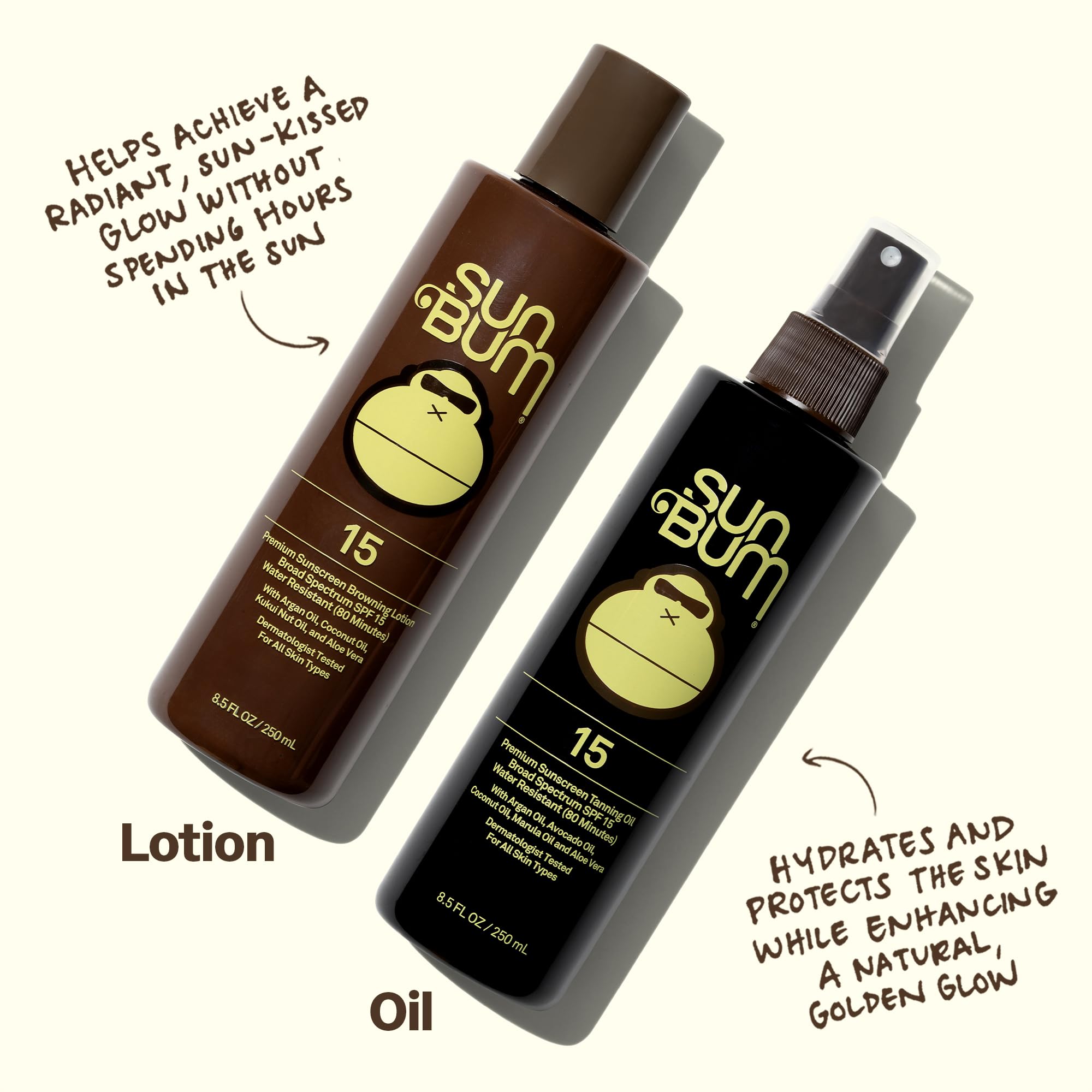 Sun Bum SPF 15 Moisturizing Tanning Oil in 8.5oz bottle, with a sun and beach scene in the background.