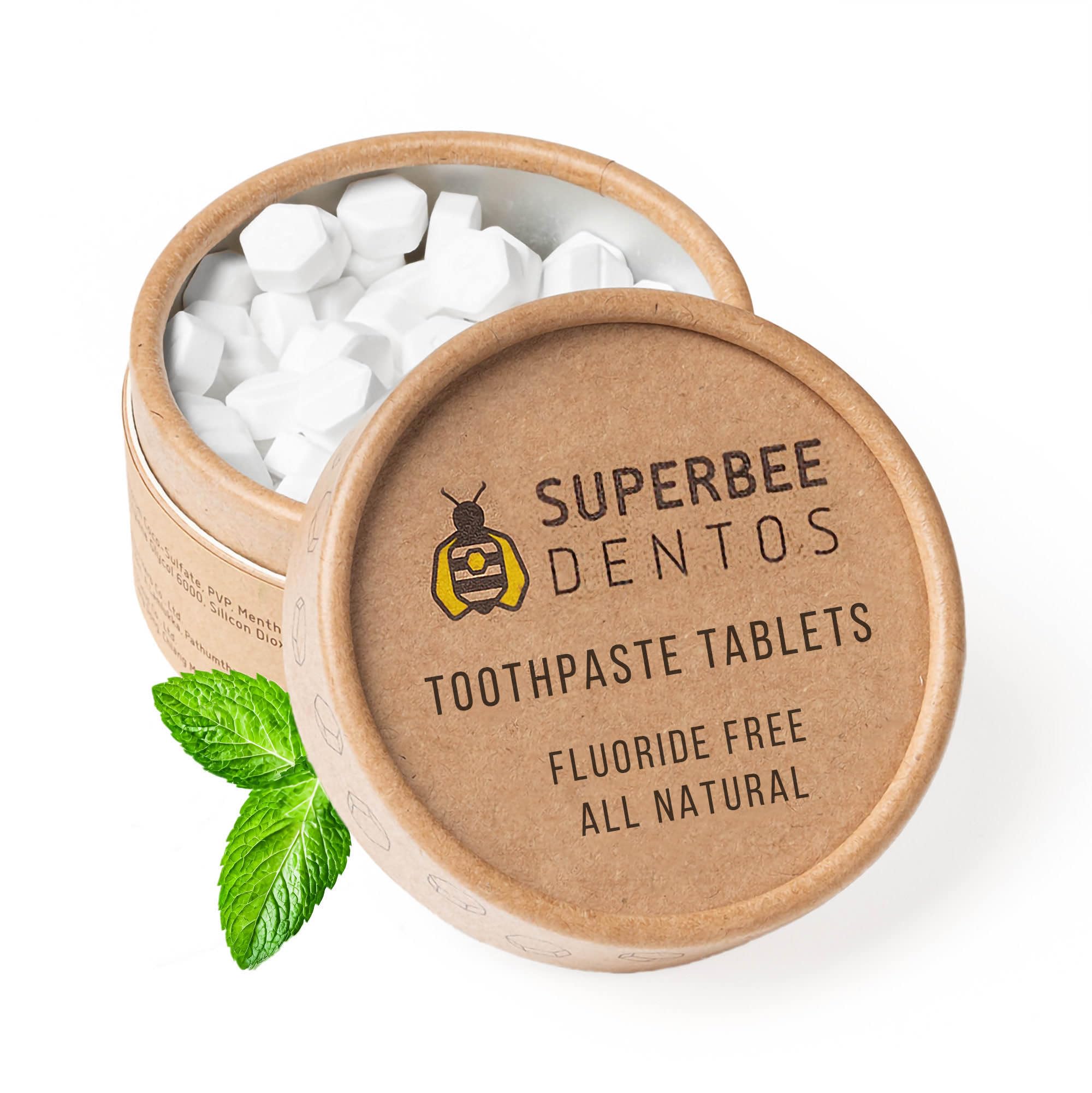 SuperBee Dentos fluoride-free toothpaste tablets in a clear container, showing 100 tablets for eco-friendly oral hygiene.