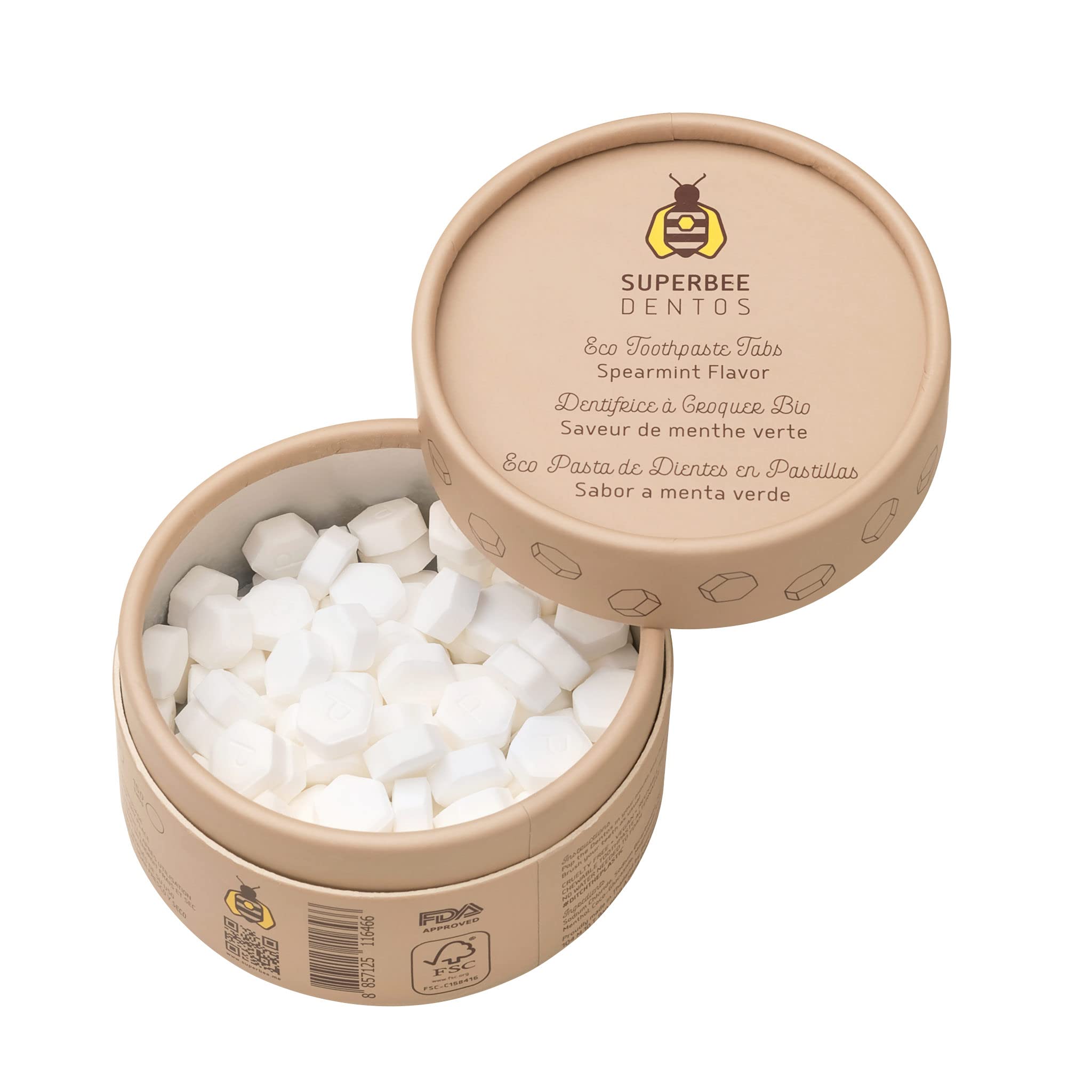 SuperBee Dentos fluoride-free toothpaste tablets in a clear container, showing 100 small, round tablets for oral hygiene.