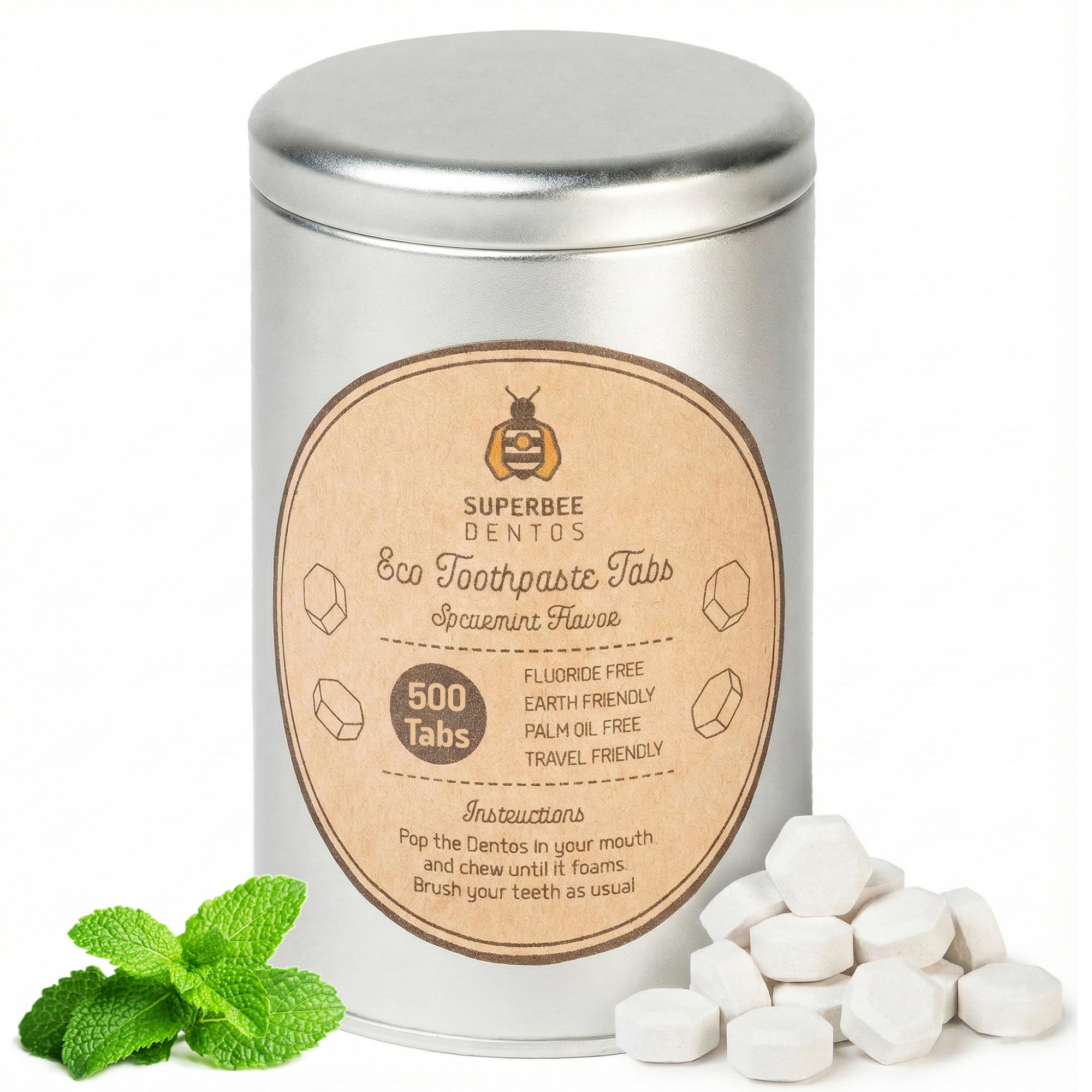 SuperBee Dentos Toothpaste Tablets in spearmint flavor, 500-count pack, natural dental care product with green and white packaging.