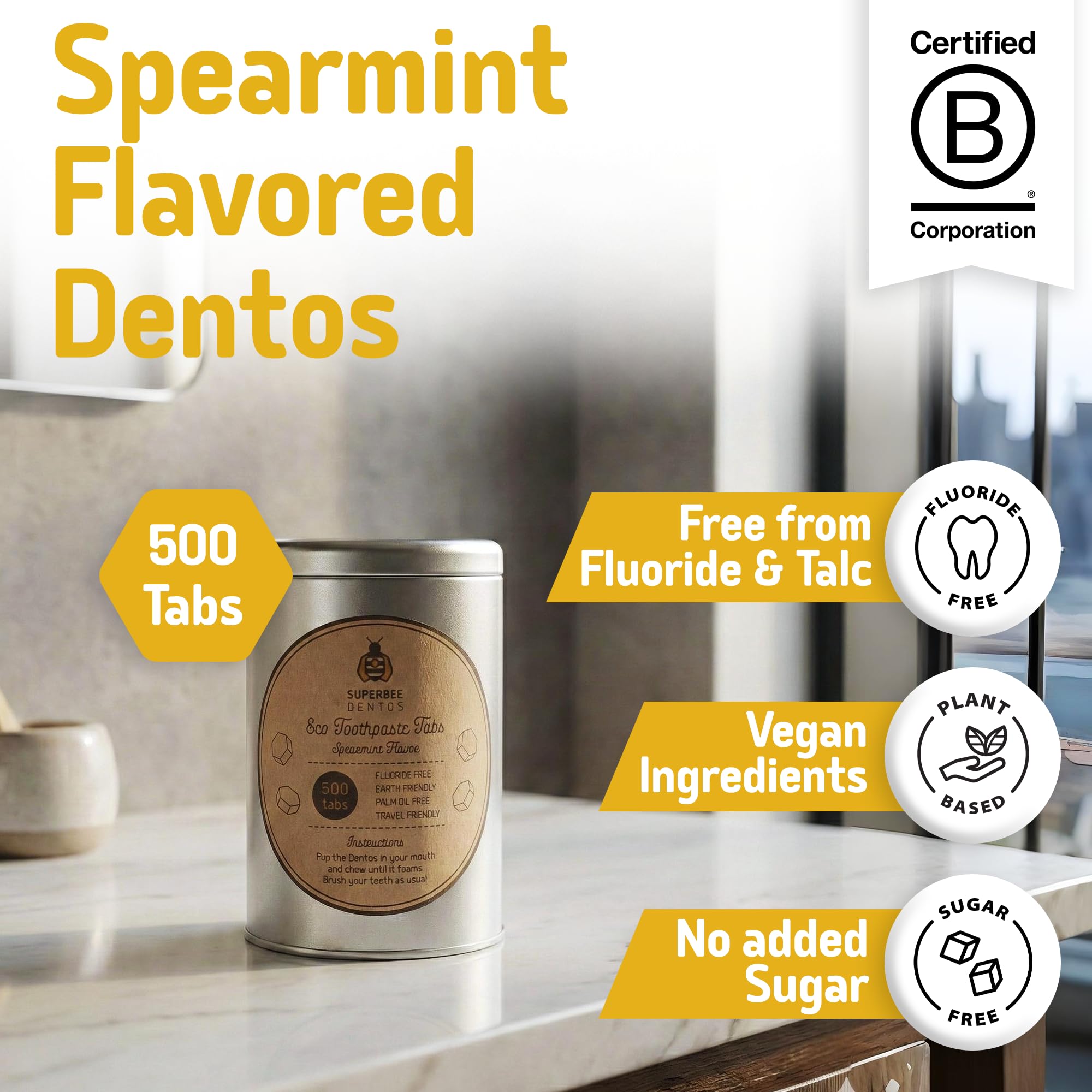 SuperBee Dentos Toothpaste Tablets in spearmint flavor, 500-count pack, shown in a container with tablets on a white background.