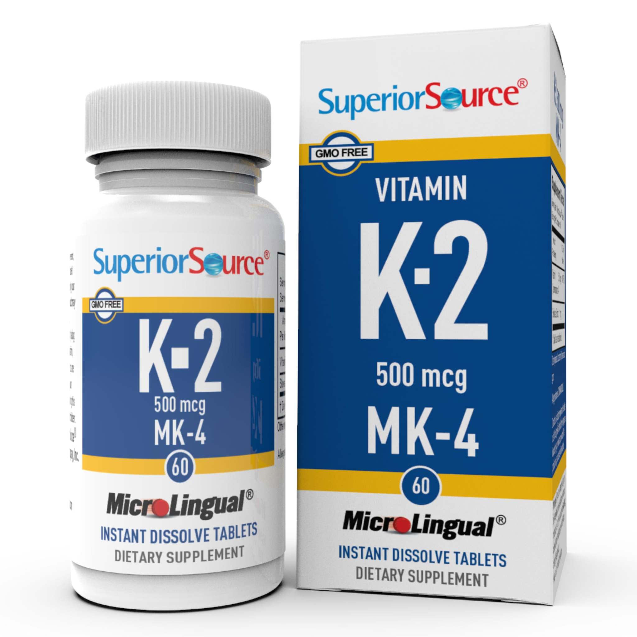 Bottle of Superior Source Vitamin K2 500mcg MK-4 tablets, dietary supplement in blister pack, white label with blue accents.